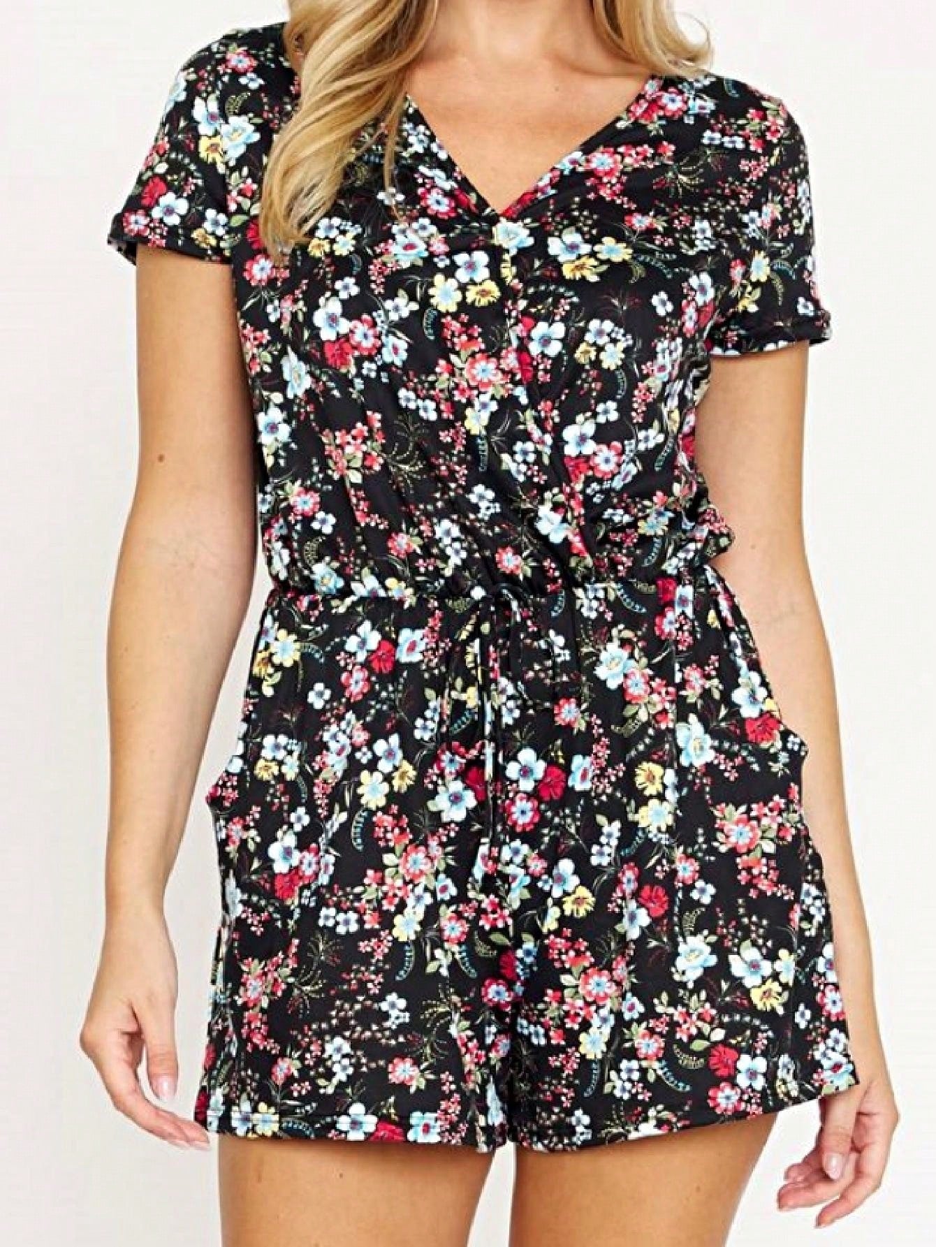 Boho Retro Casual Animal Floral Leopard  Print Pink Brown Grey White Ivory  Romper Short Sleeve V-Neck Surplice Jumpsuit