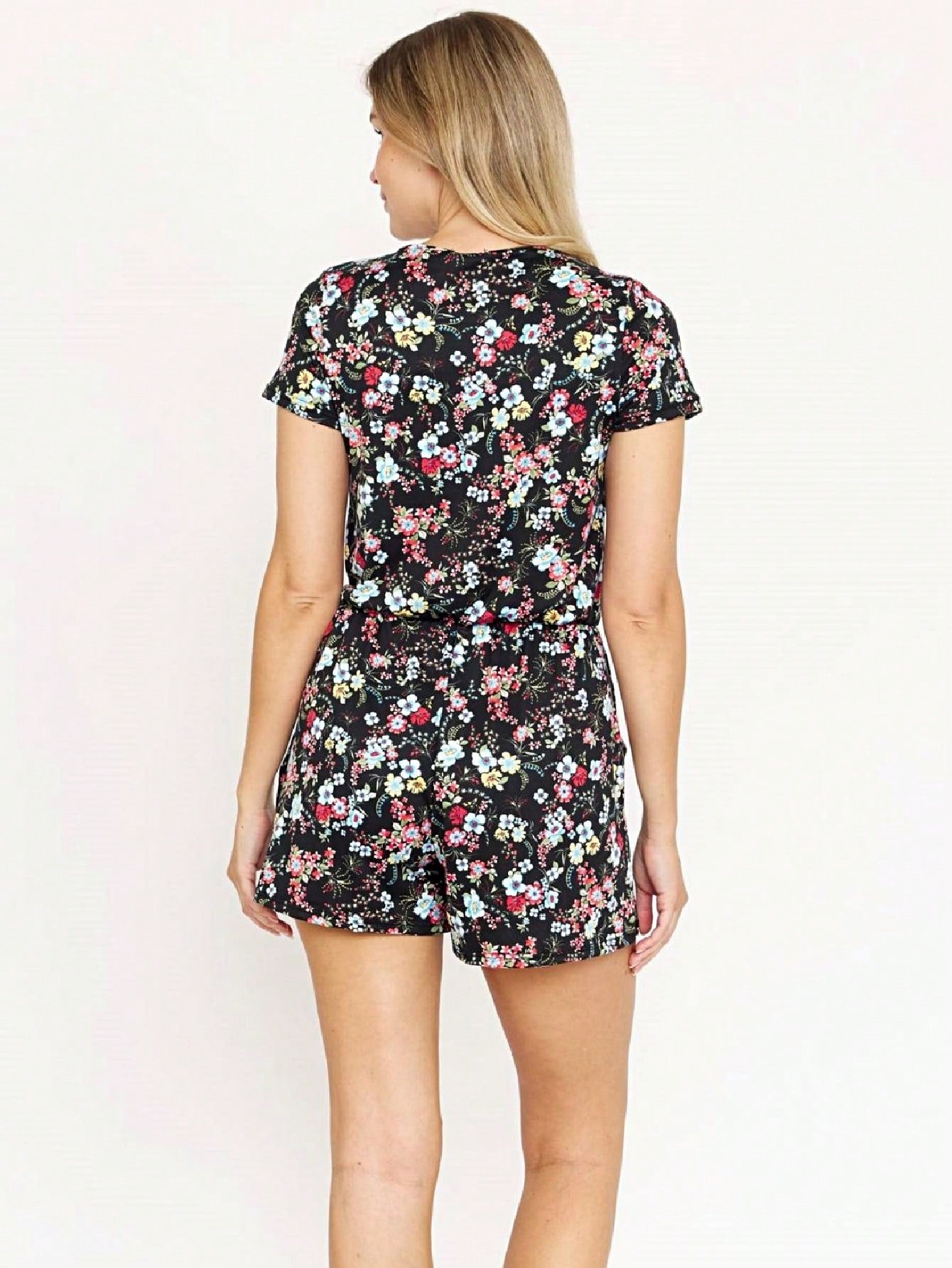 Boho Retro Casual Animal Floral Leopard  Print Pink Brown Grey White Ivory  Romper Short Sleeve V-Neck Surplice Jumpsuit