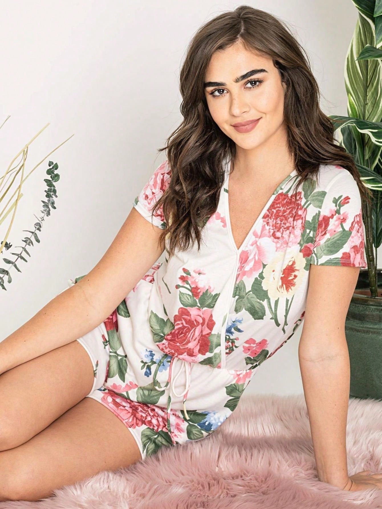 Boho Retro Casual Animal Floral Leopard  Print Pink Brown Grey White Ivory  Romper Short Sleeve V-Neck Surplice Jumpsuit