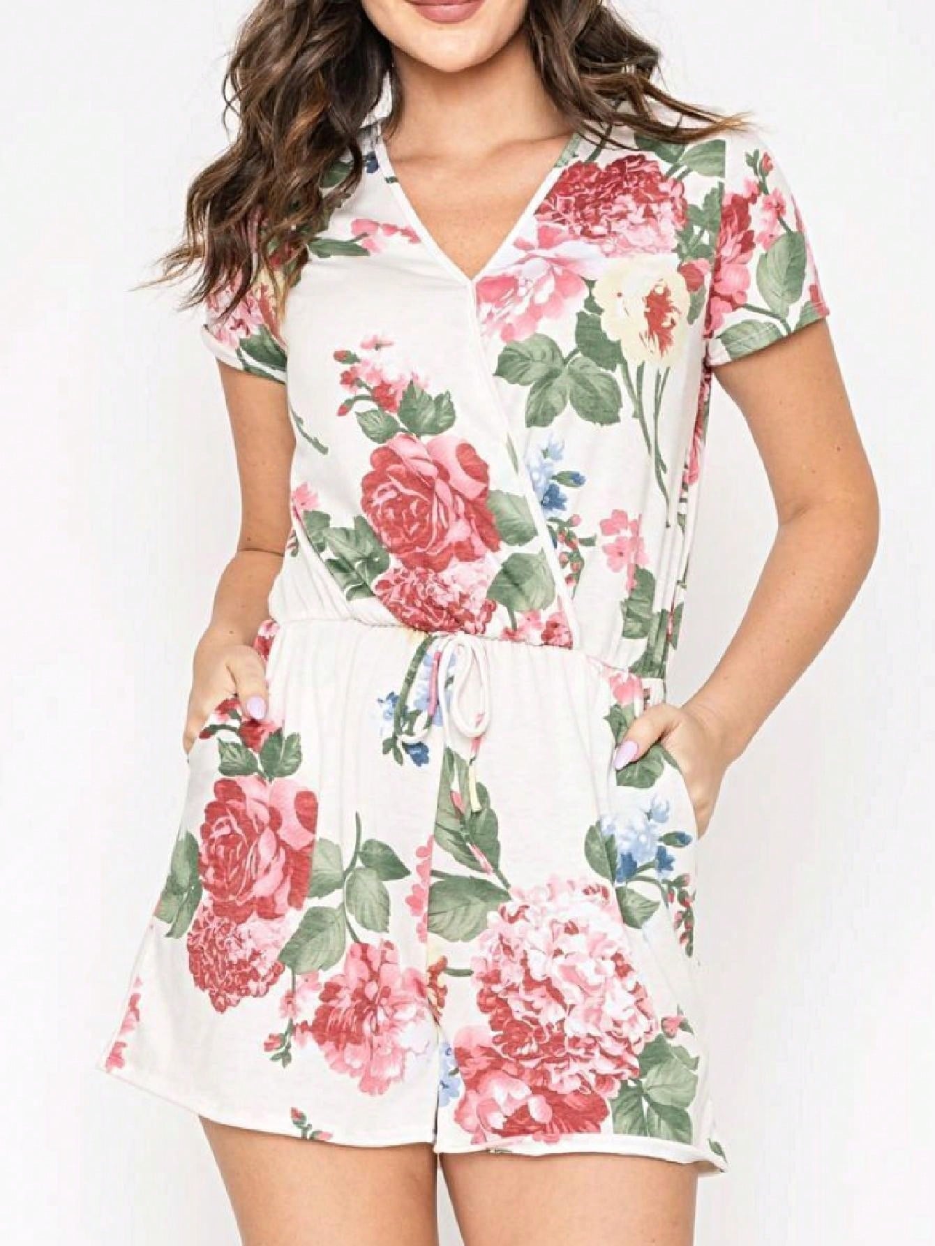 Boho Retro Casual Animal Floral Leopard  Print Pink Brown Grey White Ivory  Romper Short Sleeve V-Neck Surplice Jumpsuit