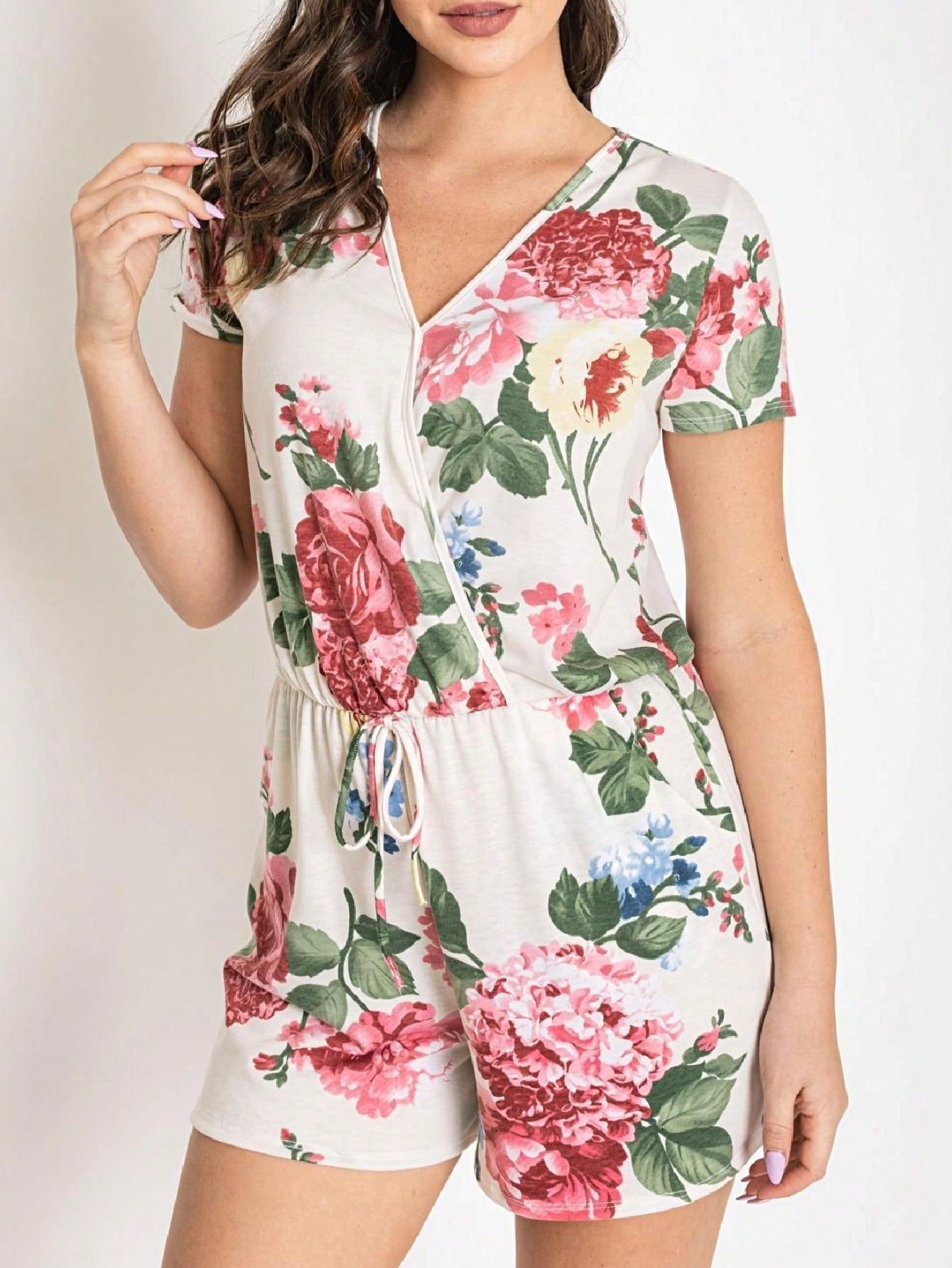 Boho Retro Casual Animal Floral Leopard  Print Pink Brown Grey White Ivory  Romper Short Sleeve V-Neck Surplice Jumpsuit
