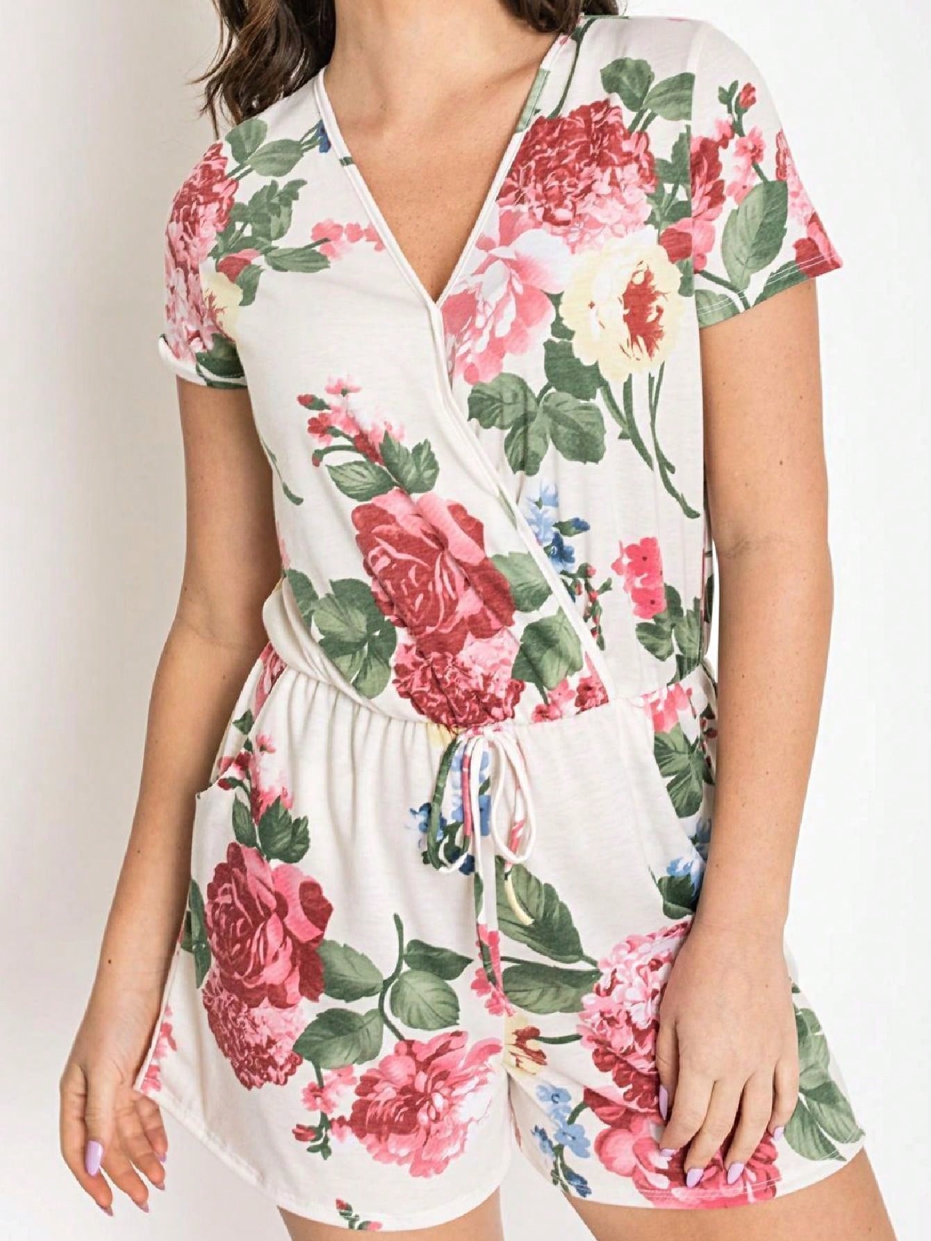 Boho Retro Casual Animal Floral Leopard  Print Pink Brown Grey White Ivory  Romper Short Sleeve V-Neck Surplice Jumpsuit