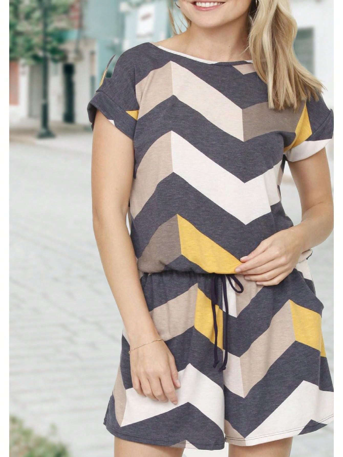 Boho Retro 60's Chevron Zig Zag Drawstring Jumpsuit Romper With Pocket Cuffed Sleeve 4" Inseam Shorts