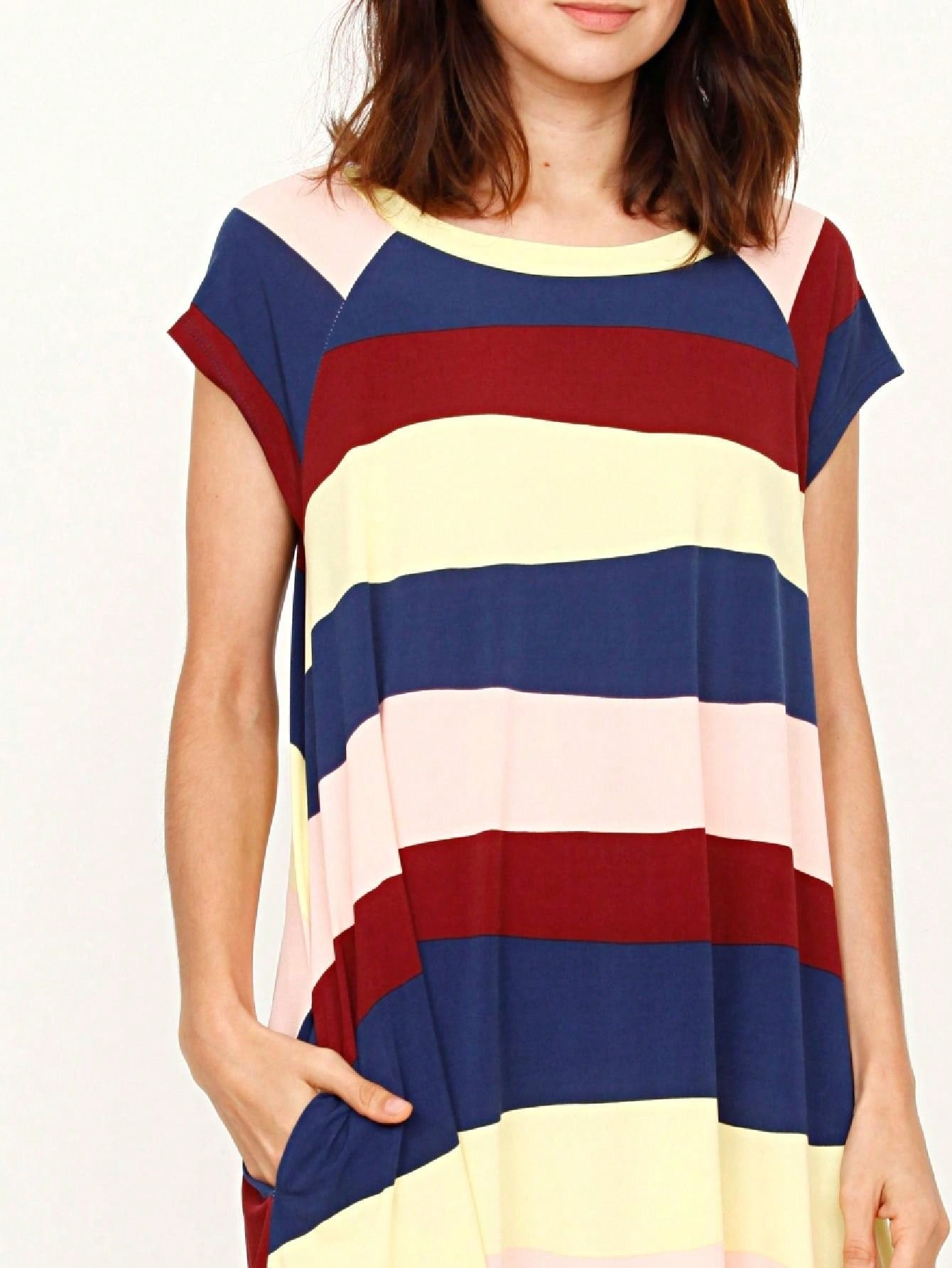 Boho Retro Classic Cap Sleeve Raglan Contrast  Stripe Green Red Navy Pink Grey Tunic Dress