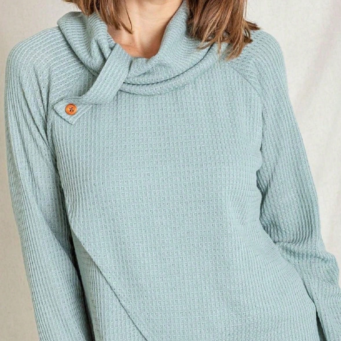 Boho Retro Solid Knit Button Turtle Neck Tulip Slit Tunic Top  Knit Top