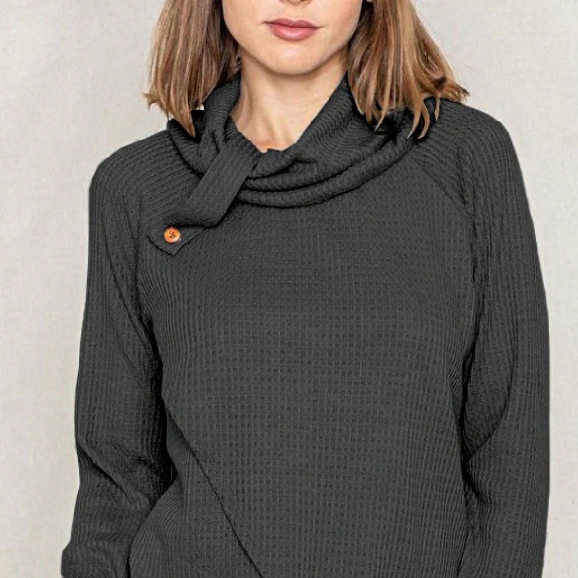 Boho Retro Solid Knit Button Turtle Neck Tulip Slit Tunic Top  Knit Top