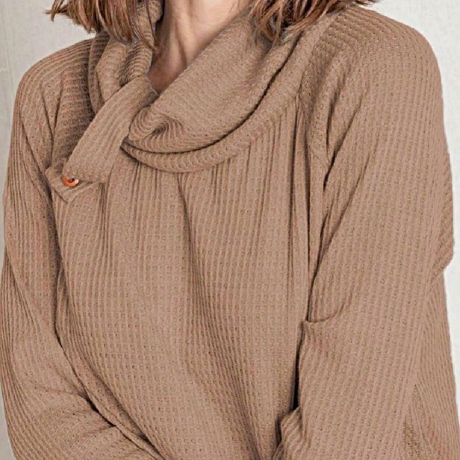 Boho Retro Solid Knit Button Turtle Neck Tulip Slit Tunic Top  Knit Top