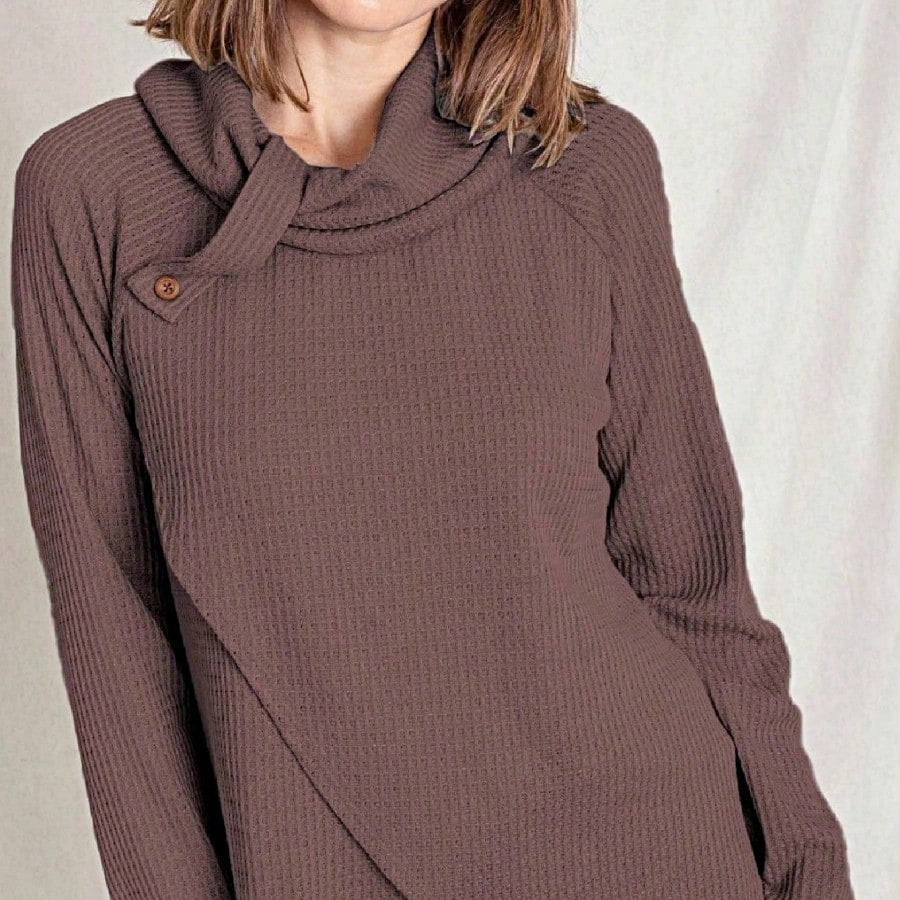 Boho Retro Solid Knit Button Turtle Neck Tulip Slit Tunic Top  Knit Top