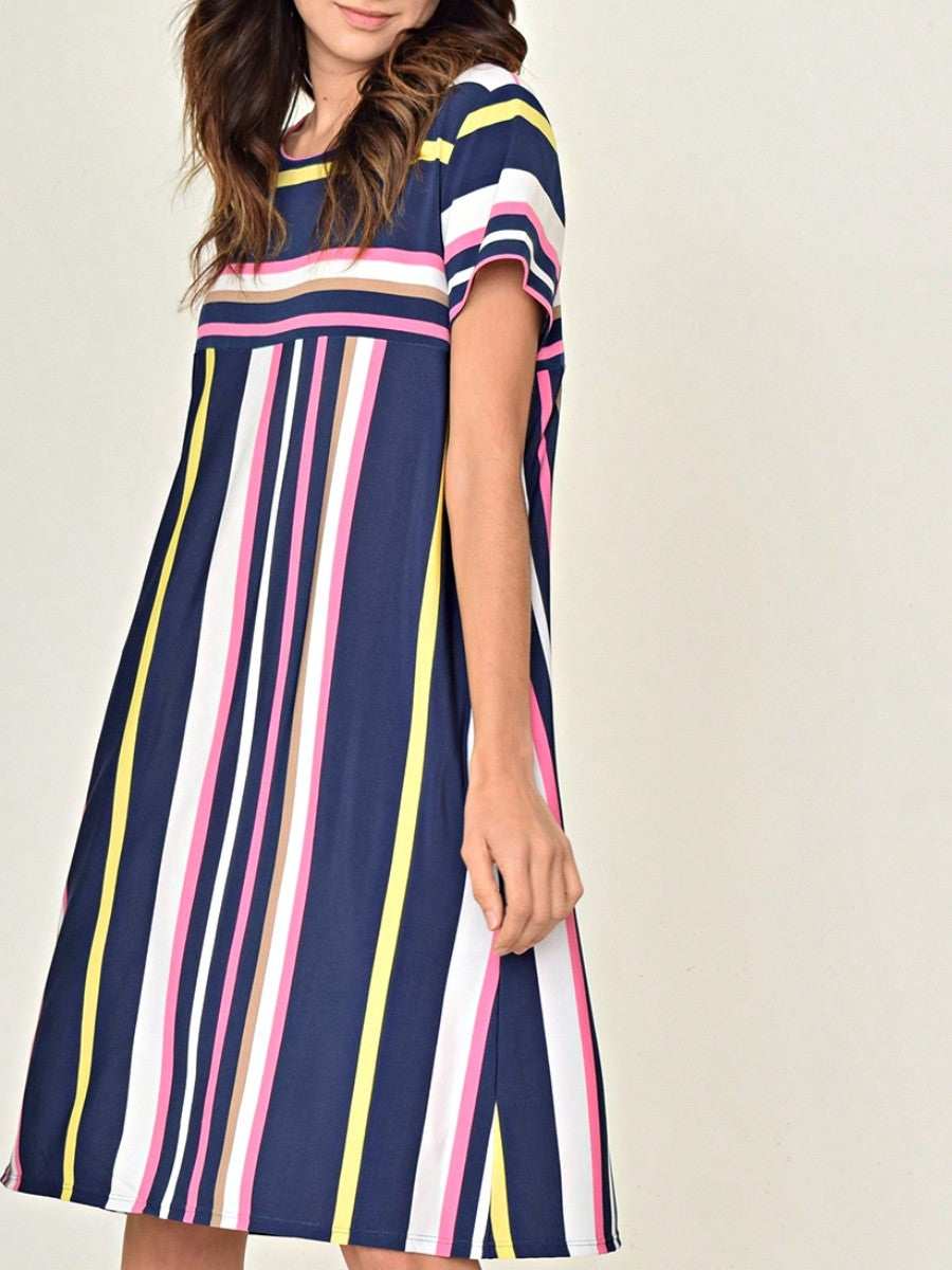 Boho Retro Vintage Multi Stripe Retro 60's Style  Mini Dress
