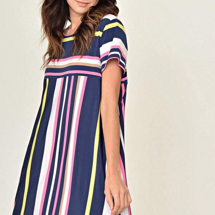Boho Retro Vintage Multi Stripe Retro 60's Style  Mini Dress