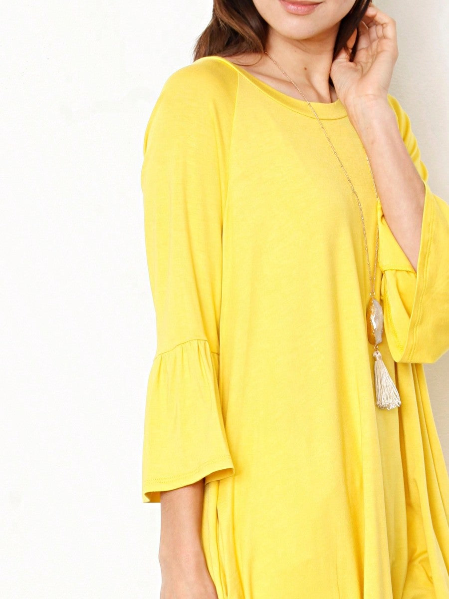 Boho Retro Mint Yellow Green Raglan Ruffle Sleeve Rayon Aline Cool Summer Tunic Dress With Pocket