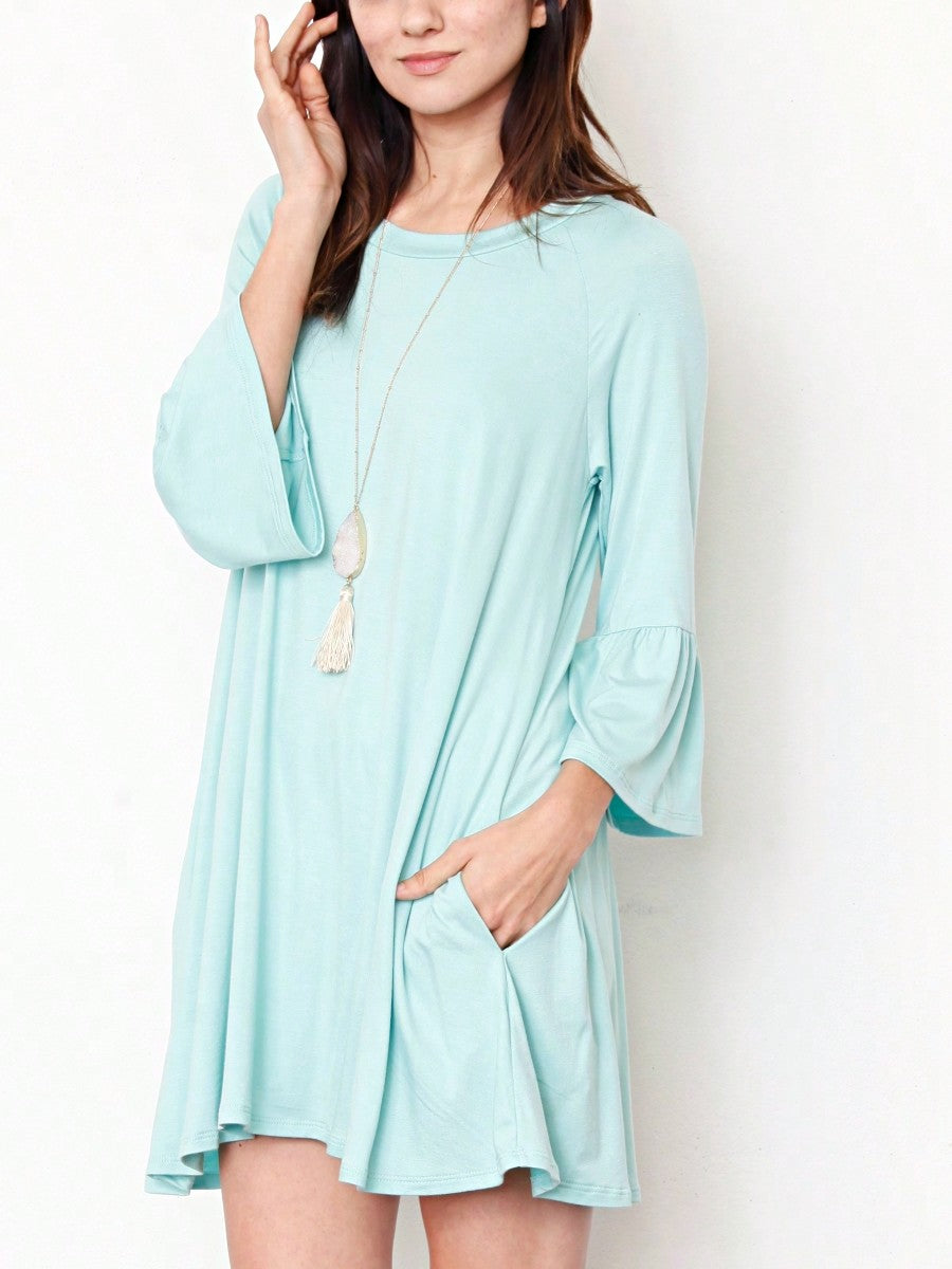 Boho Retro Mint Yellow Green Raglan Ruffle Sleeve Rayon Aline Cool Summer Tunic Dress With Pocket