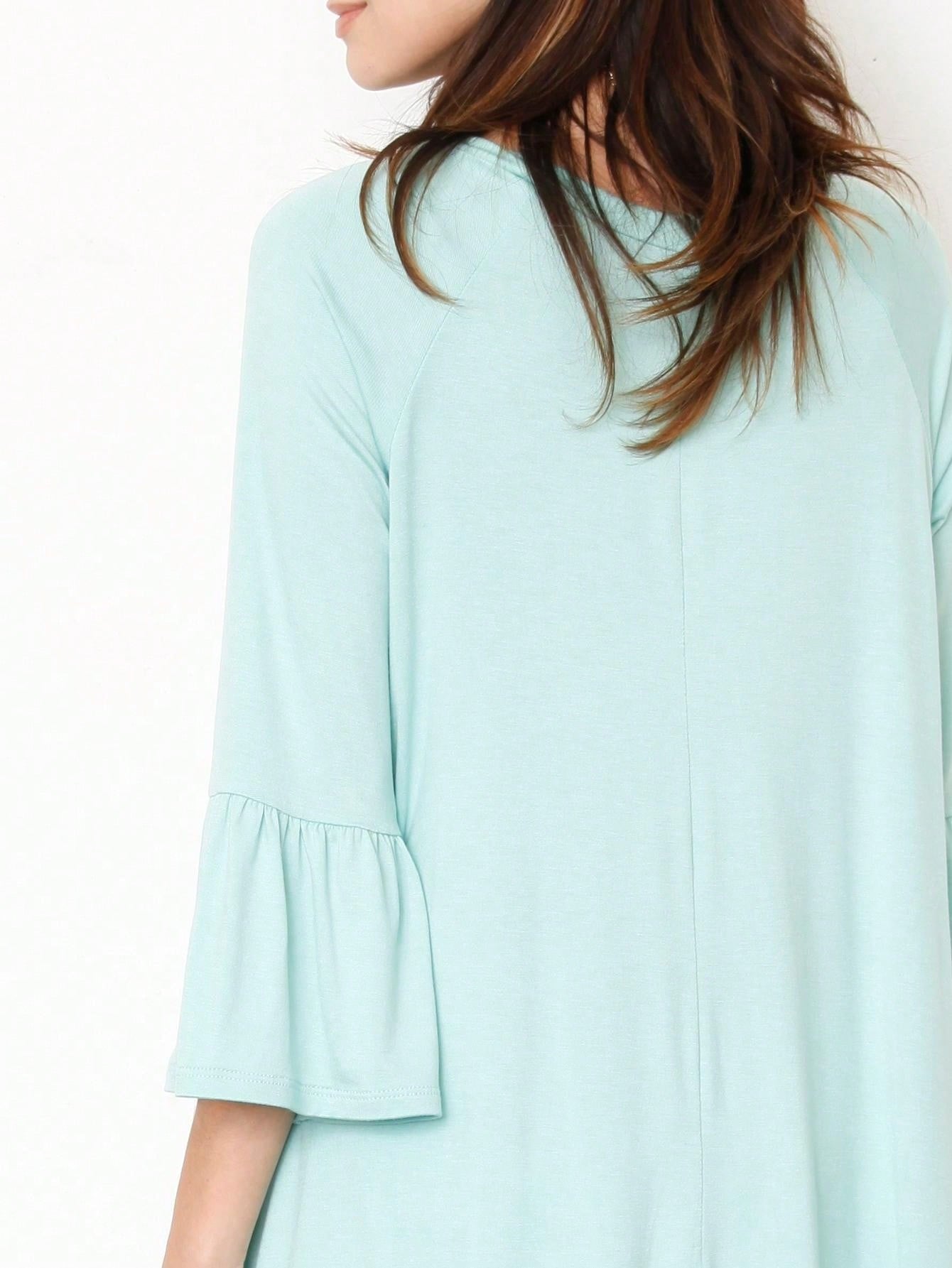 Boho Retro Mint Yellow Green Raglan Ruffle Sleeve Rayon Aline Cool Summer Tunic Dress With Pocket