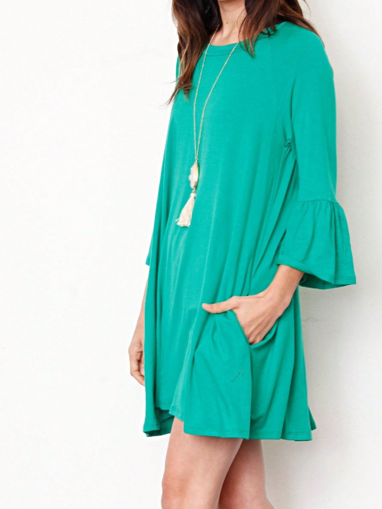 Boho Retro Mint Yellow Green Raglan Ruffle Sleeve Rayon Aline Cool Summer Tunic Dress With Pocket