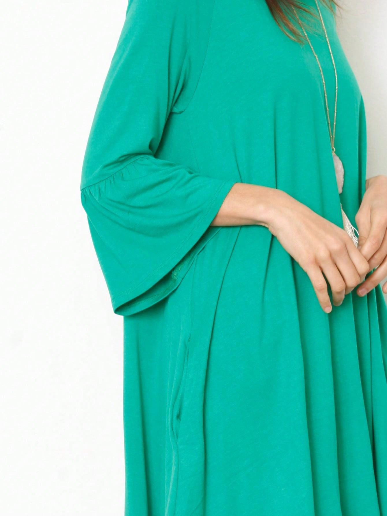 Boho Retro Mint Yellow Green Raglan Ruffle Sleeve Rayon Aline Cool Summer Tunic Dress With Pocket