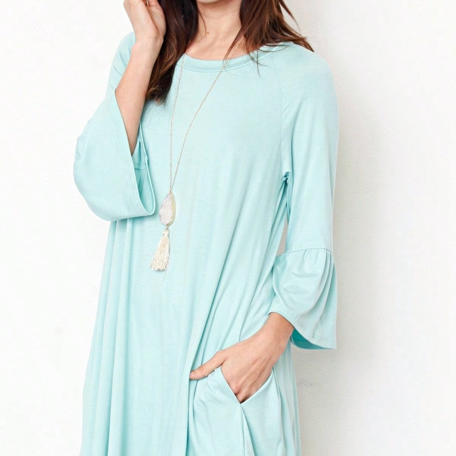 Boho Retro Mint Yellow Green Raglan Ruffle Sleeve Rayon Aline Cool Summer Tunic Dress With Pocket