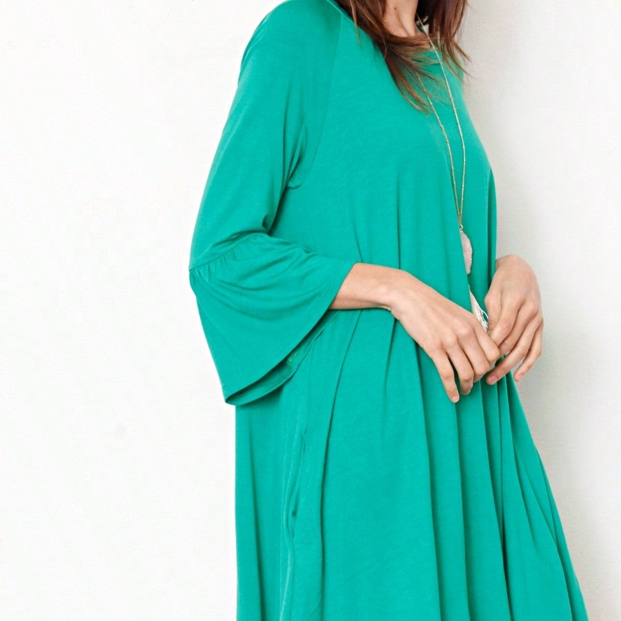 Boho Retro Mint Yellow Green Raglan Ruffle Sleeve Rayon Aline Cool Summer Tunic Dress With Pocket