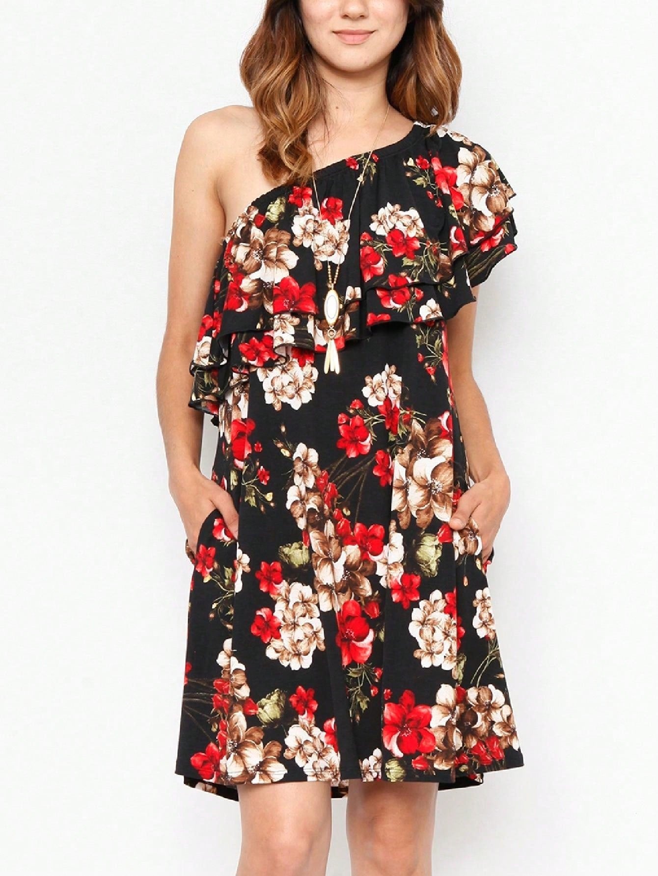 Boho Retro Knit Plaid Checker Floral Print Black Coral Cream Orange Off/One Shoulder Ruffle Sleeve Tiered Dress