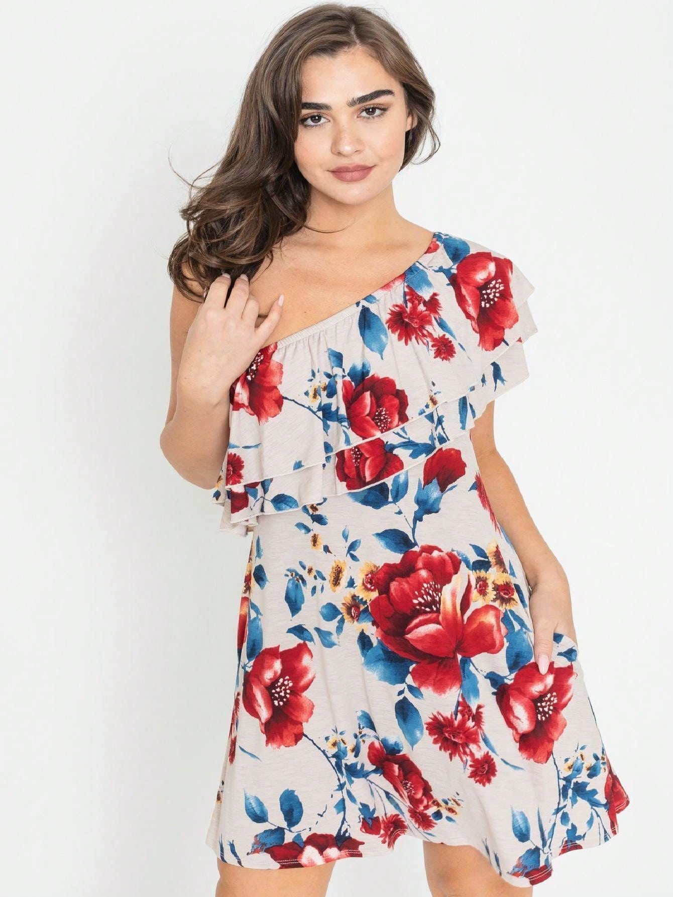 Boho Retro Knit Plaid Checker Floral Print Black Coral Cream Orange Off/One Shoulder Ruffle Sleeve Tiered Dress