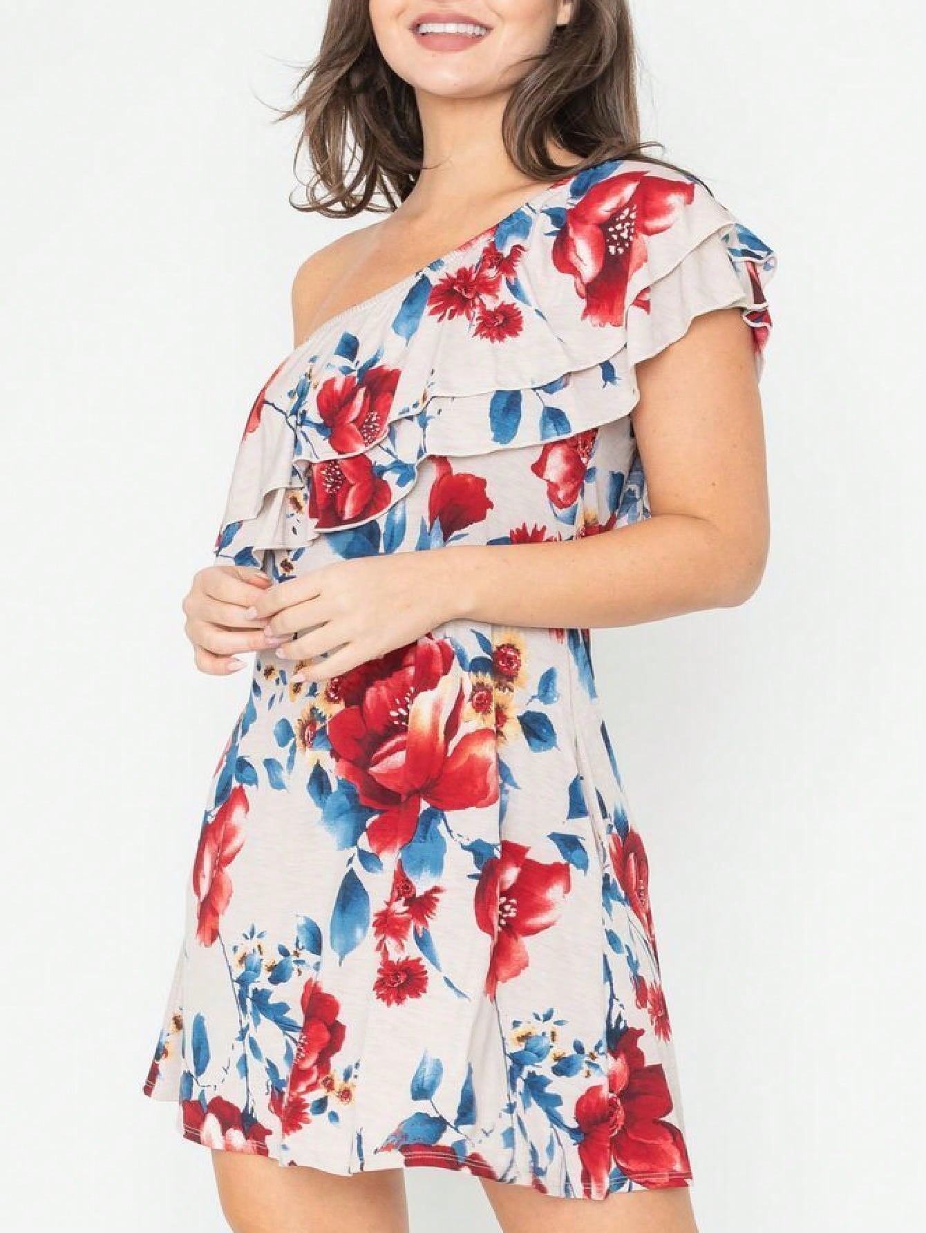 Boho Retro Knit Plaid Checker Floral Print Black Coral Cream Orange Off/One Shoulder Ruffle Sleeve Tiered Dress