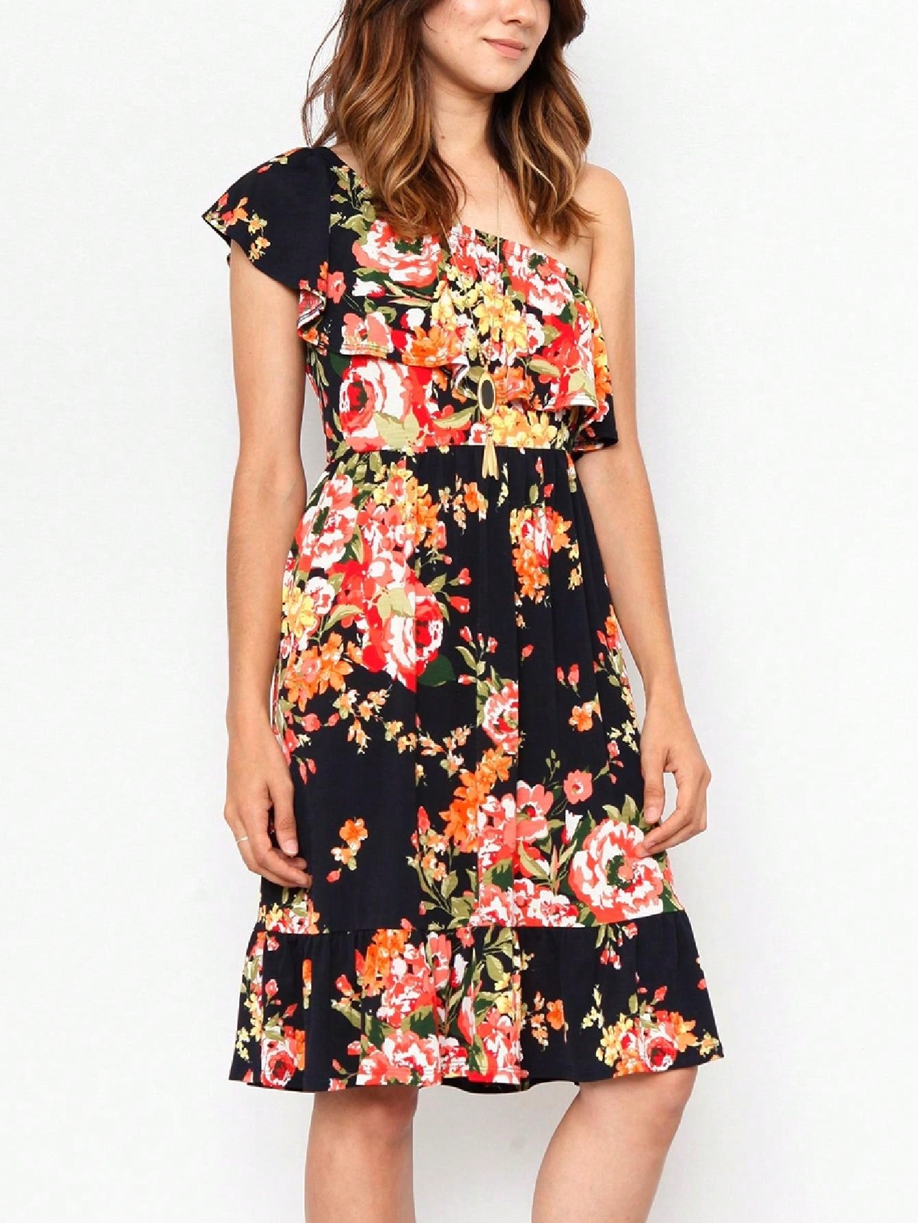Boho Retro Knit Plaid Checker Floral Print Black Coral Cream Orange Off/One Shoulder Ruffle Sleeve Tiered Dress