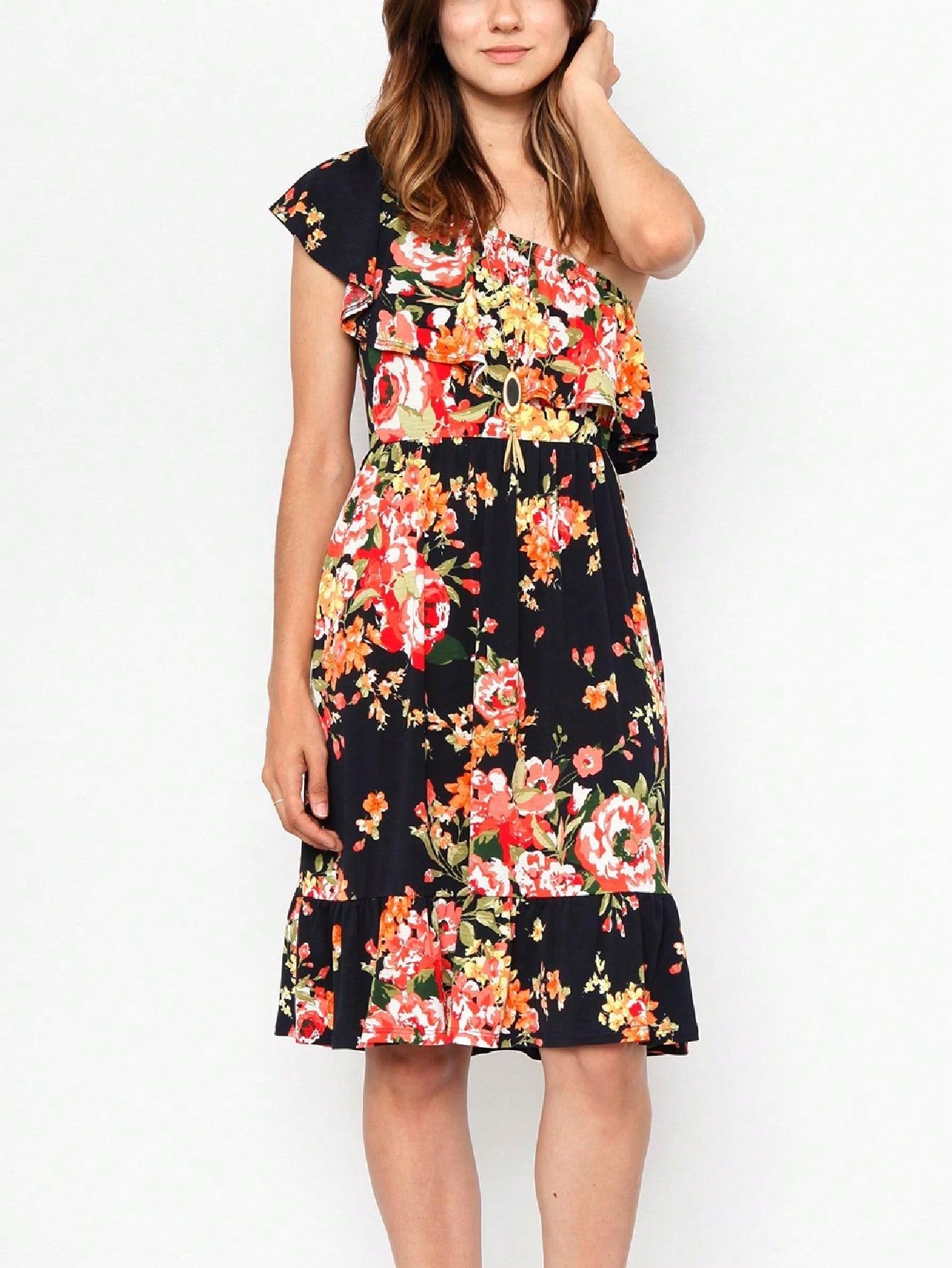 Boho Retro Knit Plaid Checker Floral Print Black Coral Cream Orange Off/One Shoulder Ruffle Sleeve Tiered Dress