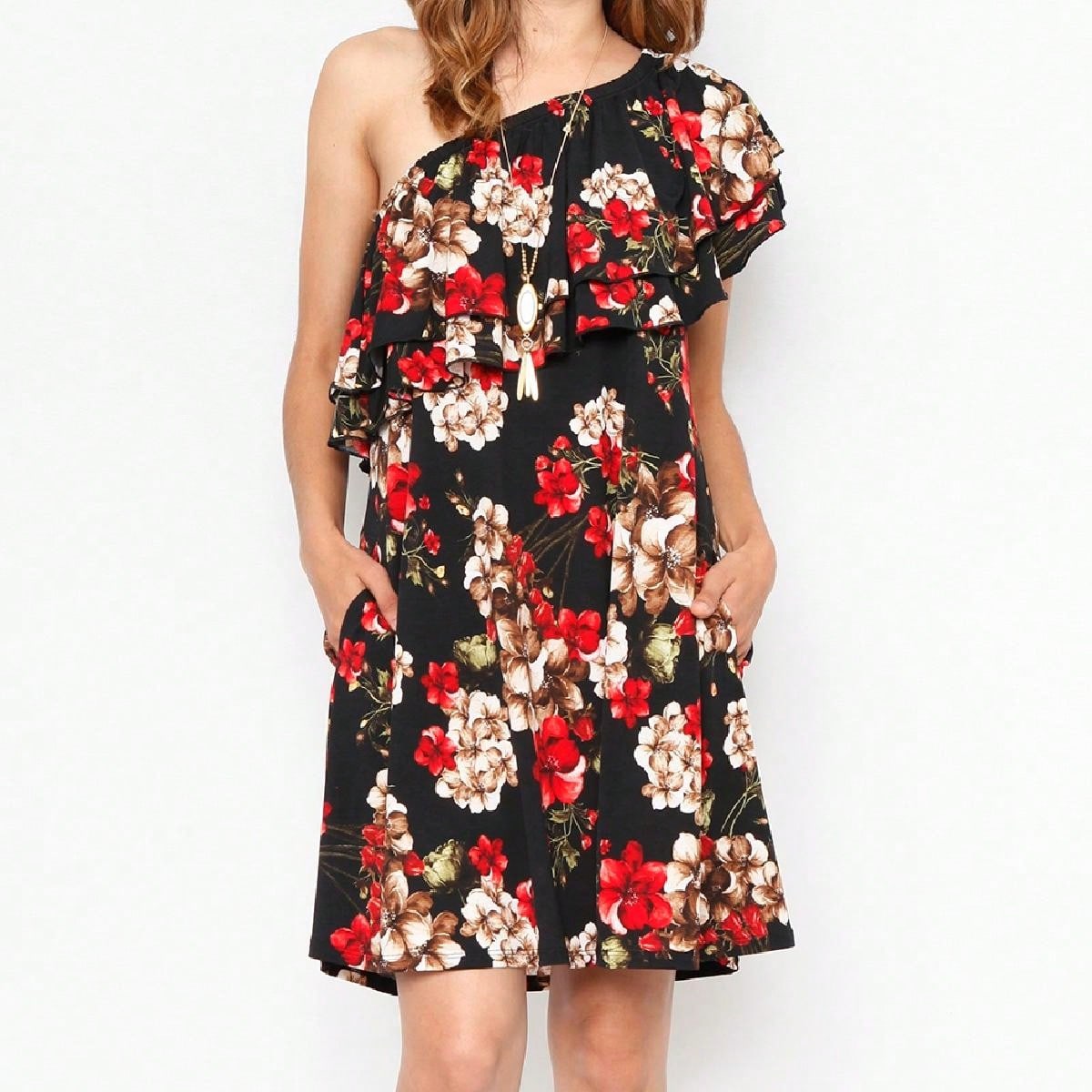 Boho Retro Knit Plaid Checker Floral Print Black Coral Cream Orange Off/One Shoulder Ruffle Sleeve Tiered Dress
