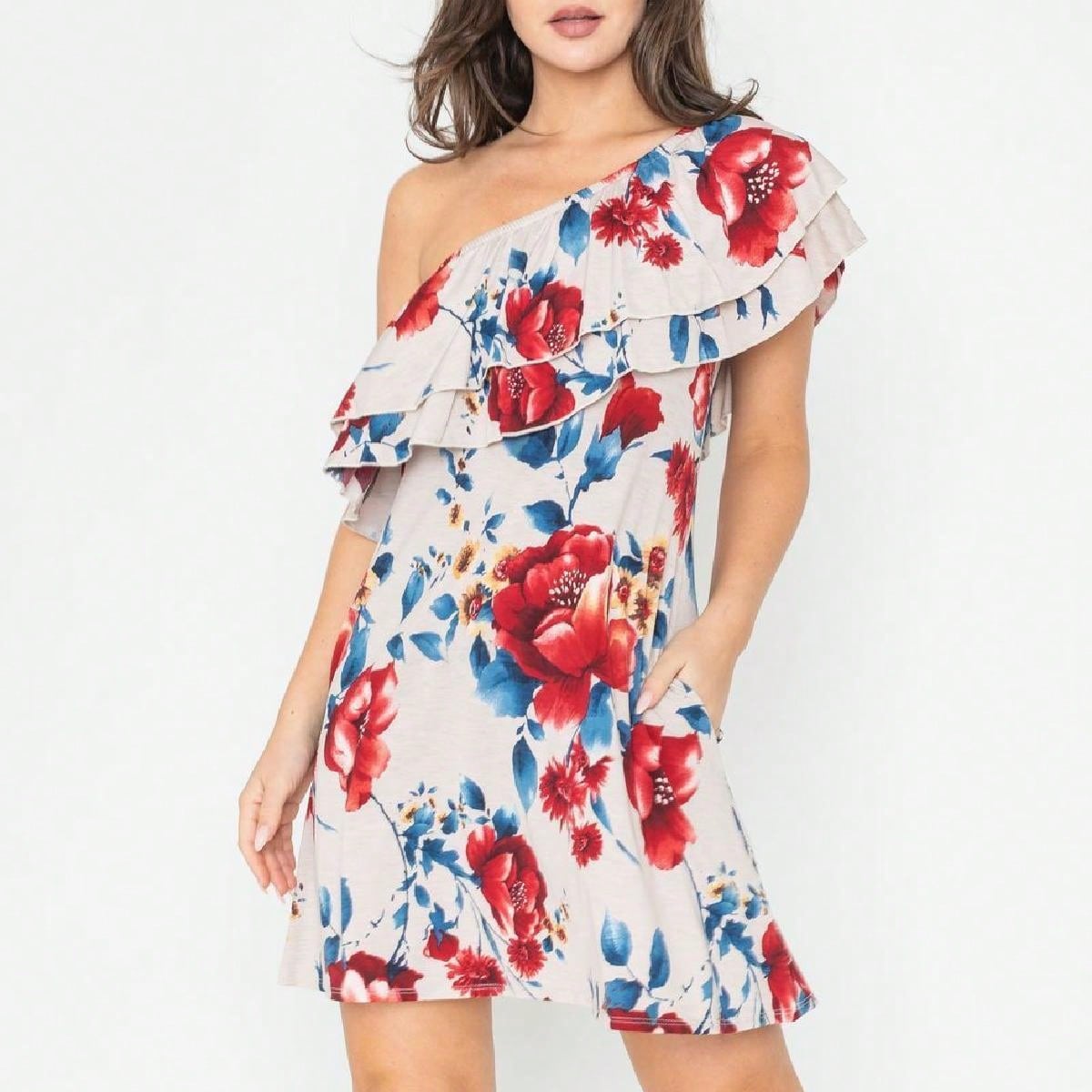 Boho Retro Knit Plaid Checker Floral Print Black Coral Cream Orange Off/One Shoulder Ruffle Sleeve Tiered Dress