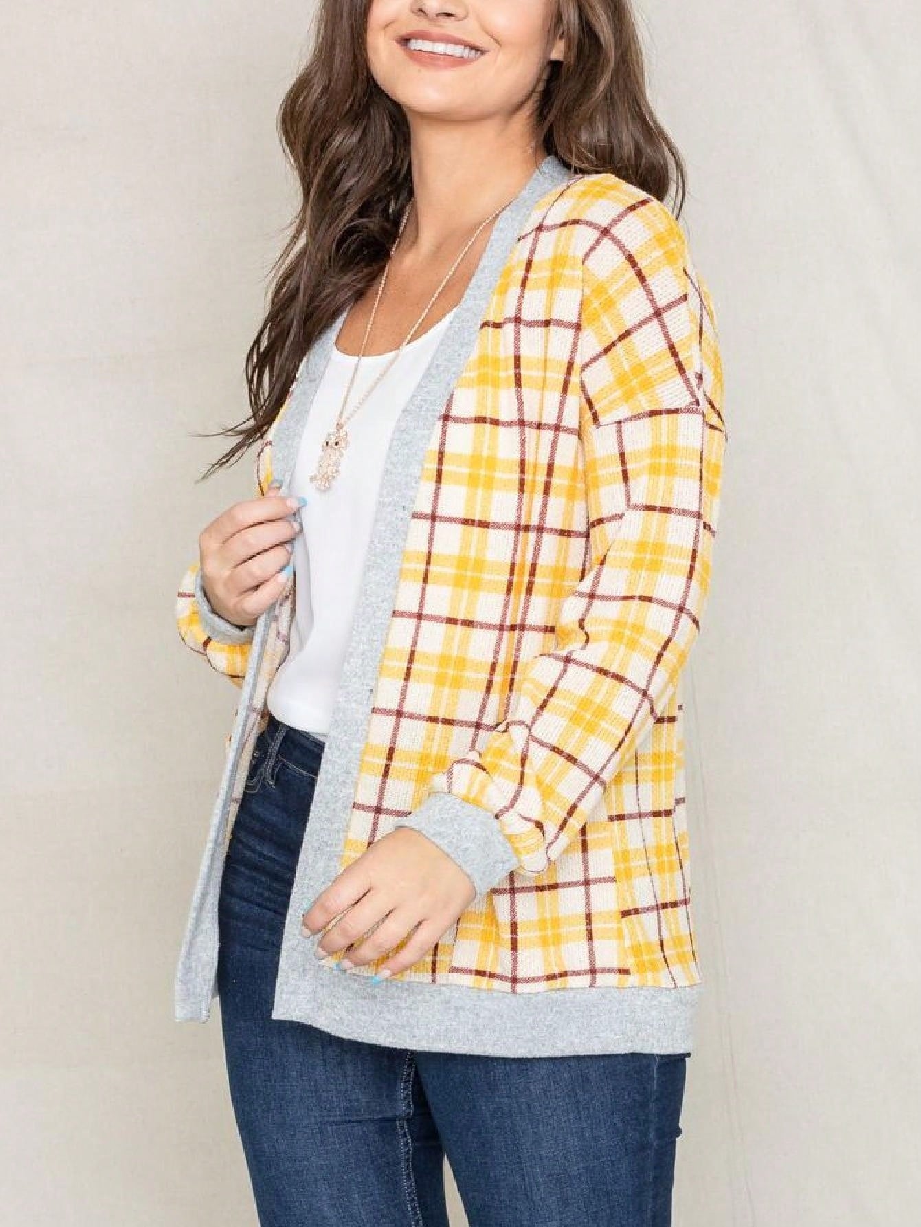 Boho Vintage Plaid Yellow Red Long Sleeve Cardigan With Pockets