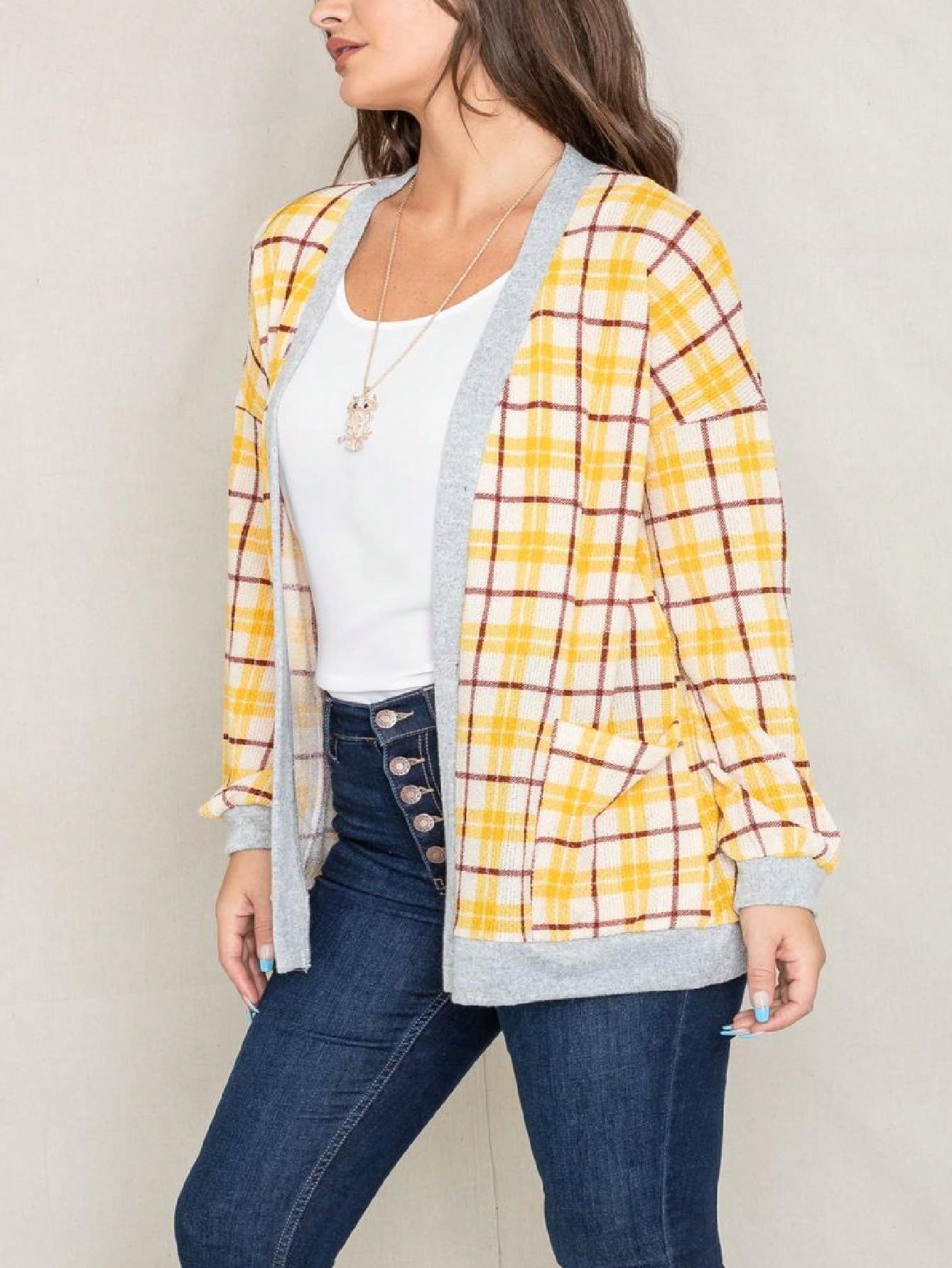 Boho Vintage Plaid Yellow Red Long Sleeve Cardigan With Pockets