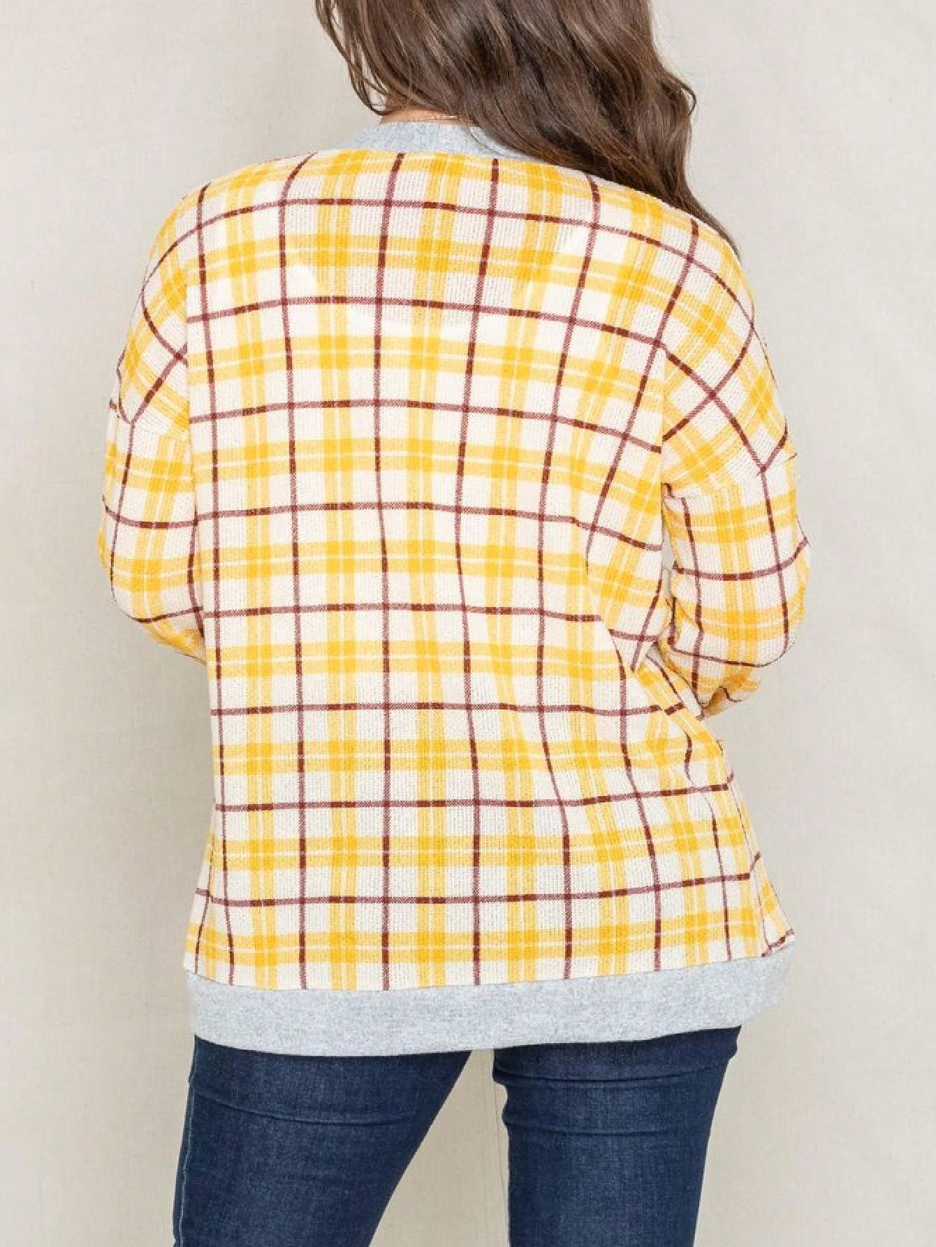 Boho Vintage Plaid Yellow Red Long Sleeve Cardigan With Pockets