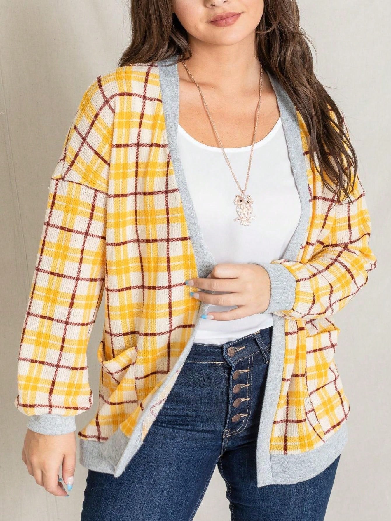 Boho Vintage Plaid Yellow Red Long Sleeve Cardigan With Pockets