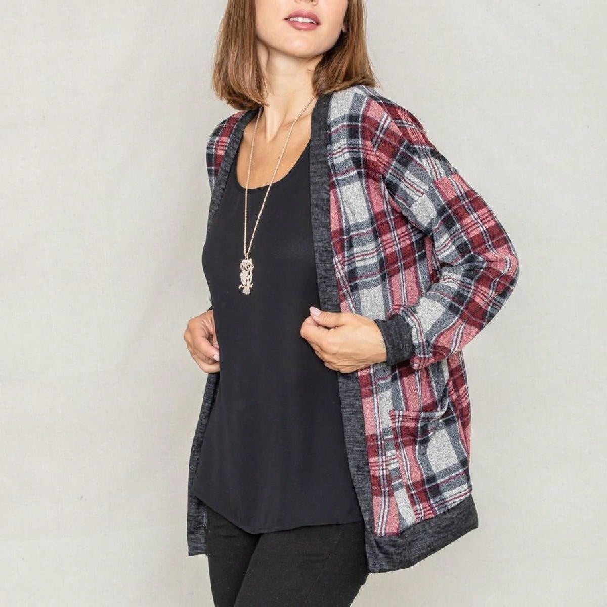 Boho Vintage Plaid Yellow Red Long Sleeve Cardigan With Pockets