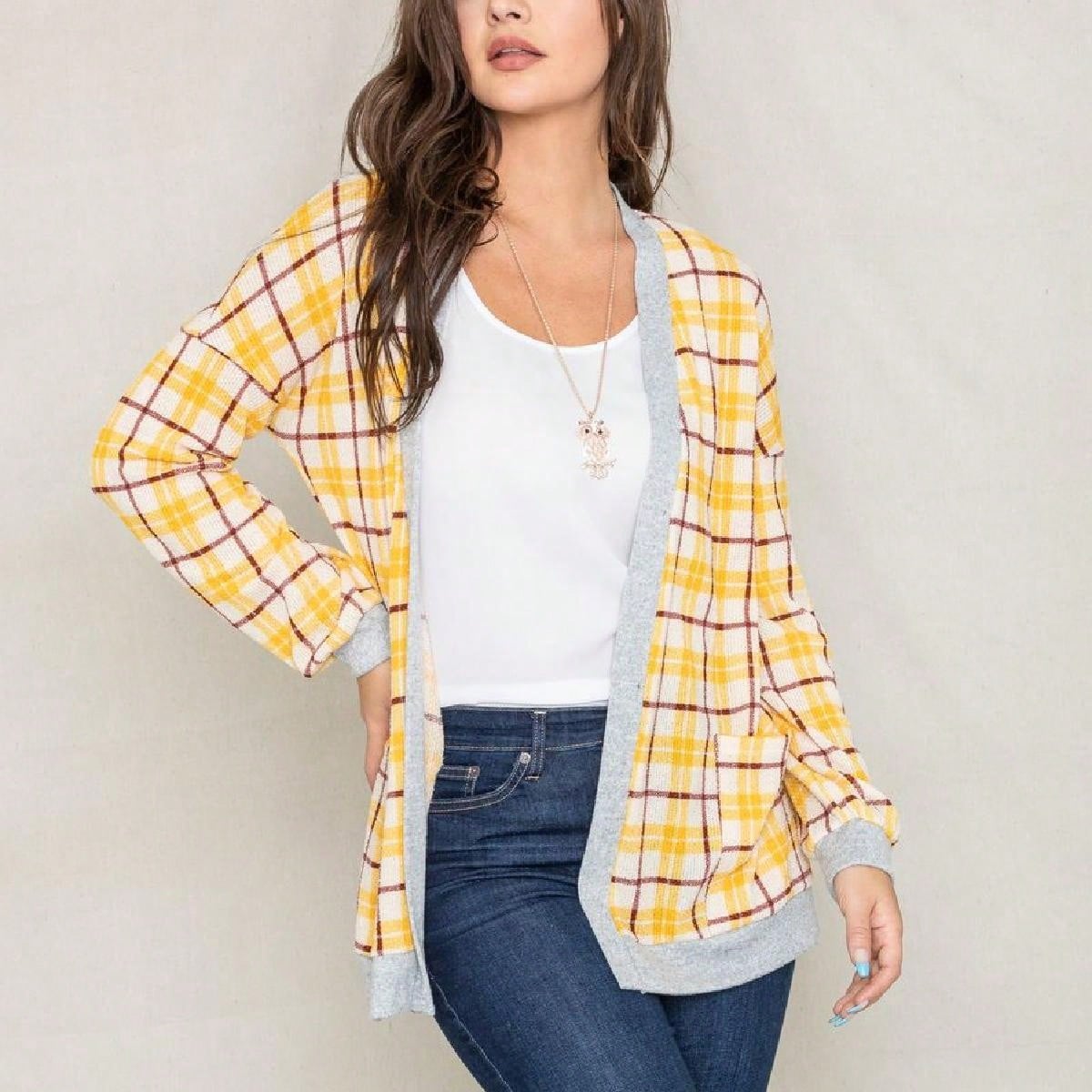 Boho Vintage Plaid Yellow Red Long Sleeve Cardigan With Pockets