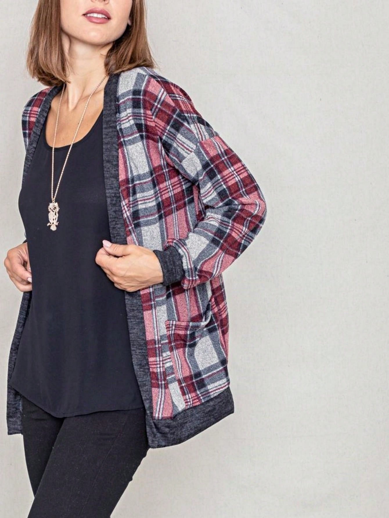 Boho Vintage Plaid Yellow Red Long Sleeve Cardigan With Pockets