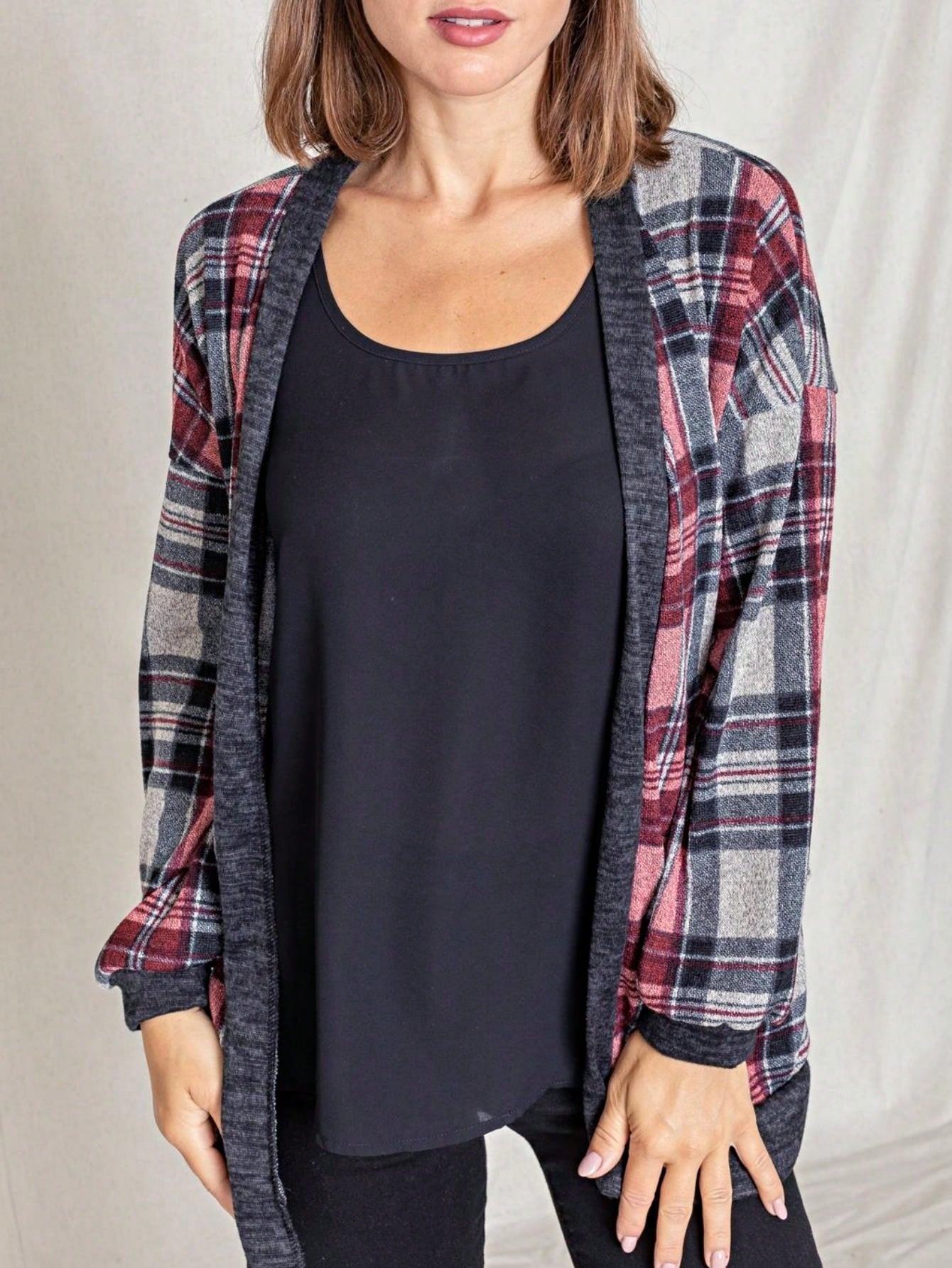 Boho Vintage Plaid Yellow Red Long Sleeve Cardigan With Pockets
