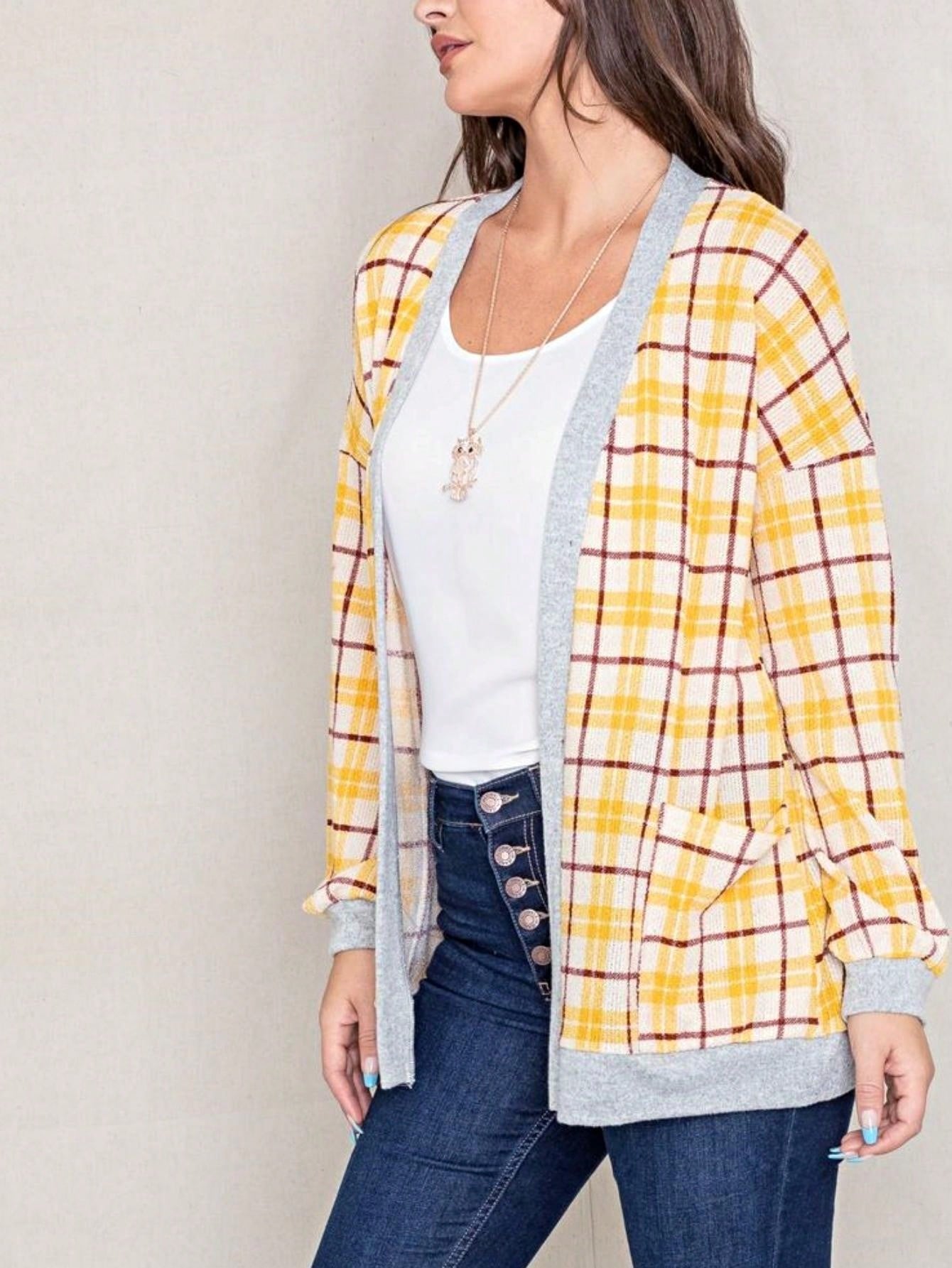 Boho Vintage Plaid Yellow Red Long Sleeve Cardigan With Pockets