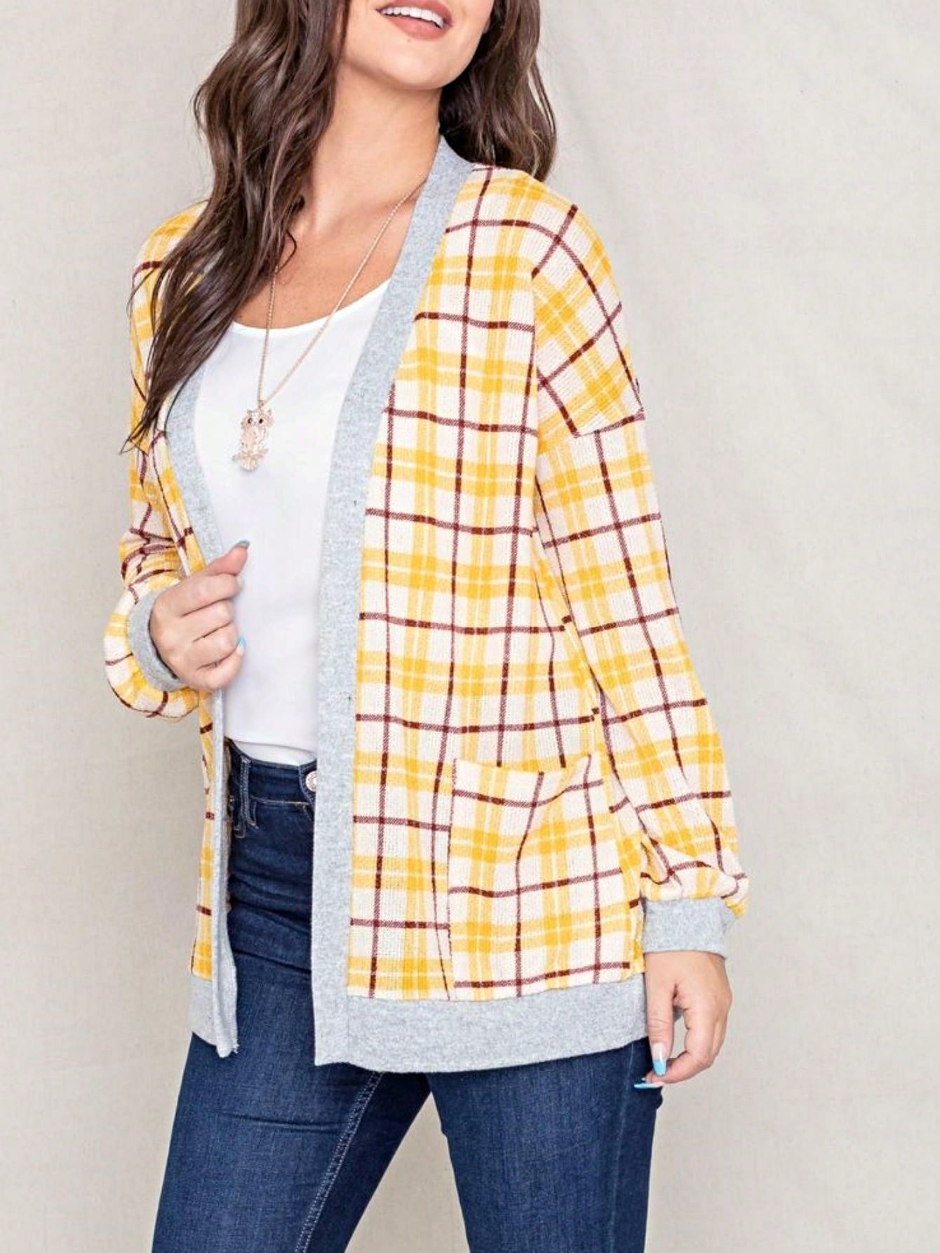 Boho Vintage Plaid Yellow Red Long Sleeve Cardigan With Pockets