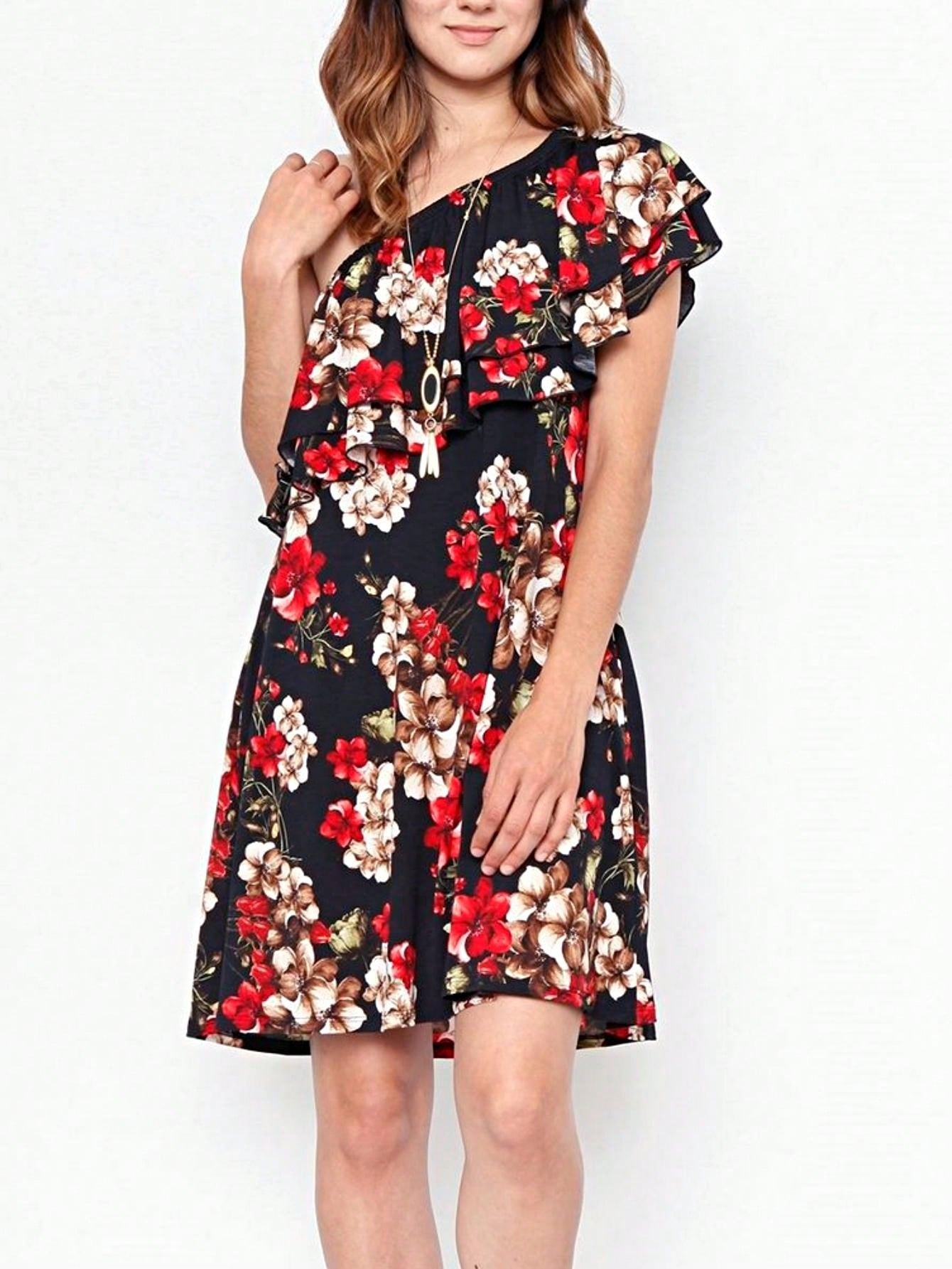 Boho Retro Knit Plaid Checker Floral Print Black Coral Cream Orange Off/One Shoulder Ruffle Sleeve Tiered Dress