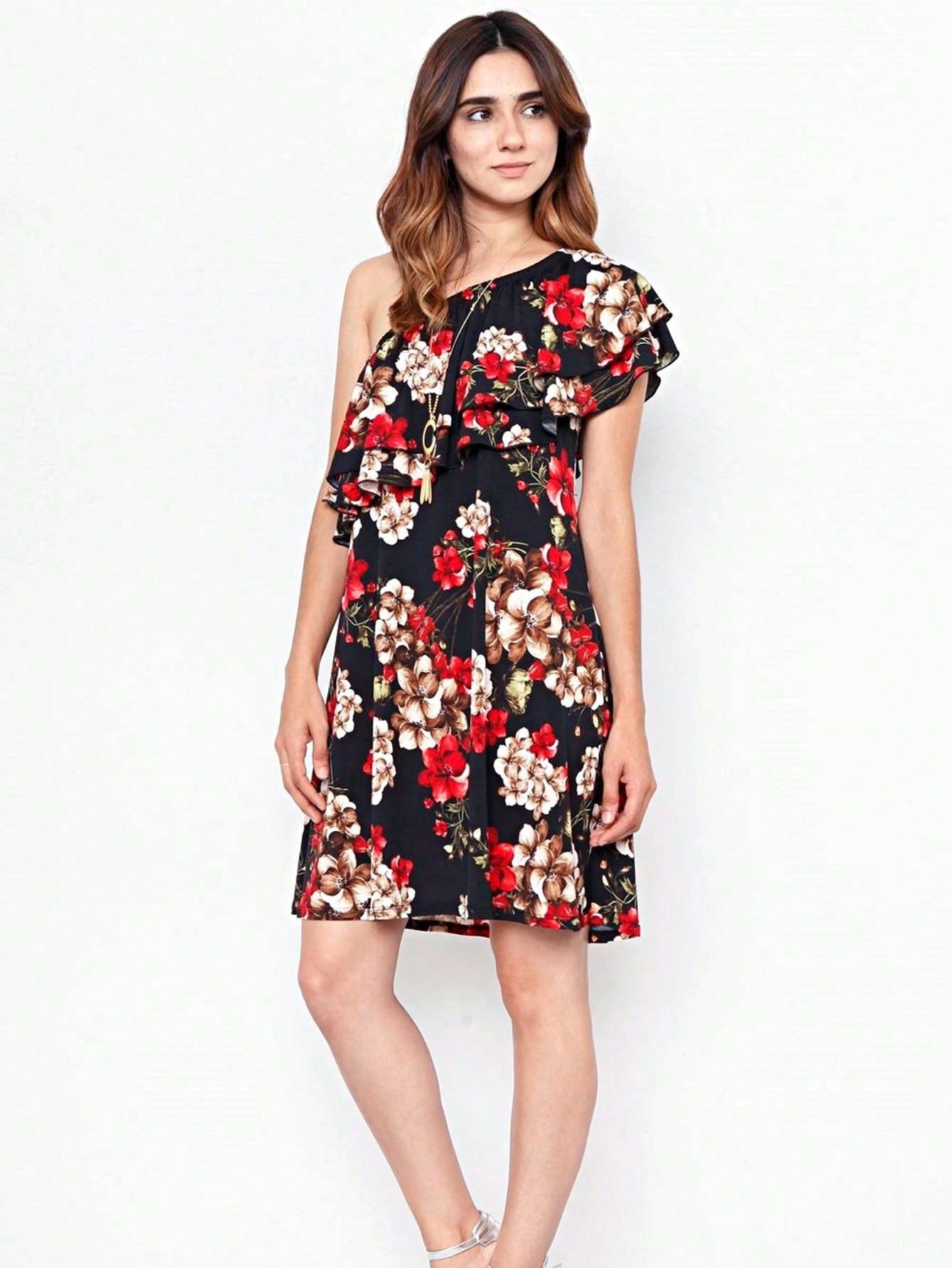 Boho Retro Knit Plaid Checker Floral Print Black Coral Cream Orange Off/One Shoulder Ruffle Sleeve Tiered Dress