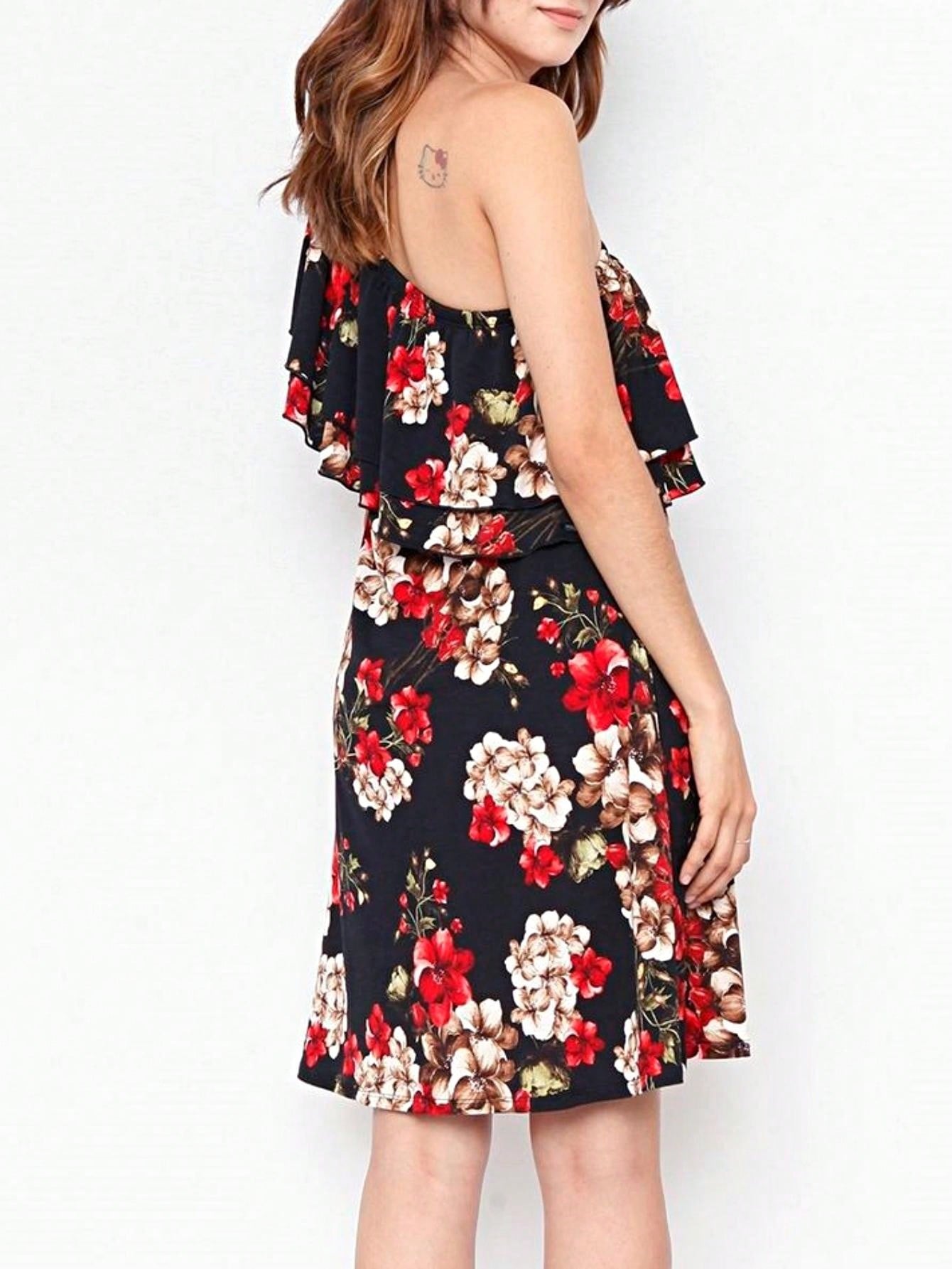 Boho Retro Knit Plaid Checker Floral Print Black Coral Cream Orange Off/One Shoulder Ruffle Sleeve Tiered Dress
