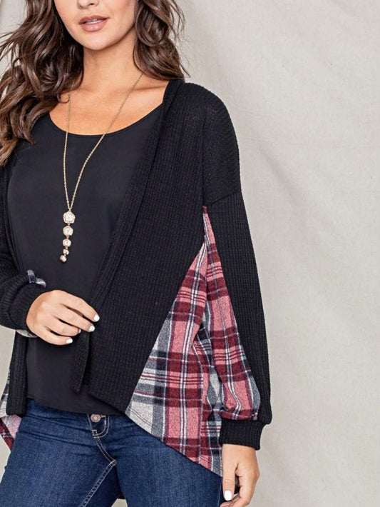 Boho Vintage Retro Plaid Color Block Brown Black White Long Sleeve Pleated High And Low Back  Waffle Cardigan