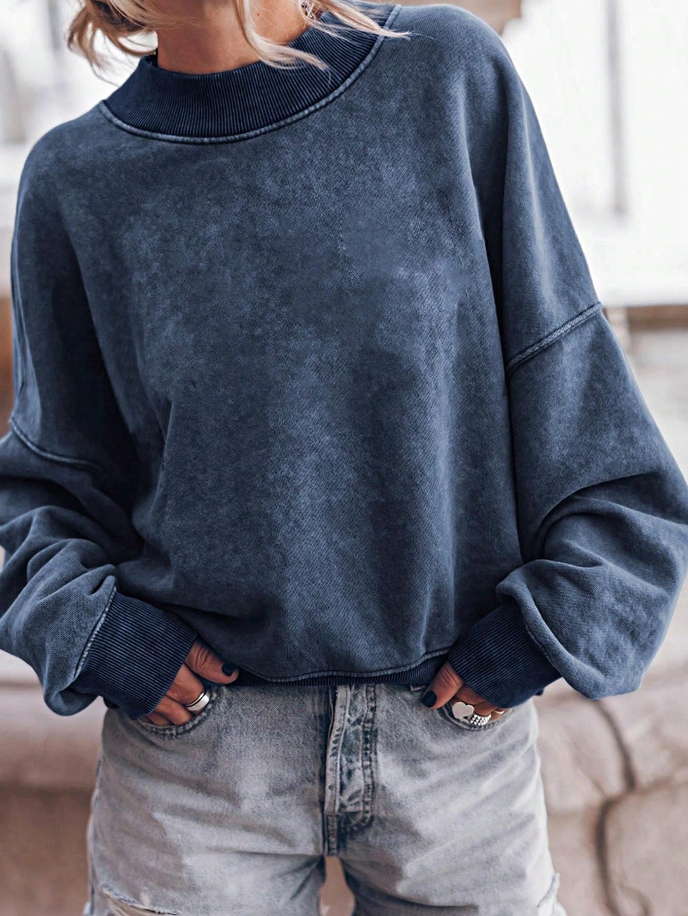 Boho Retro 60's Cotton Mix  Drop Shoulder Mineral Acid Washed Oversized Mock Neck Dolman T Shirt Top  Sweat Shirt