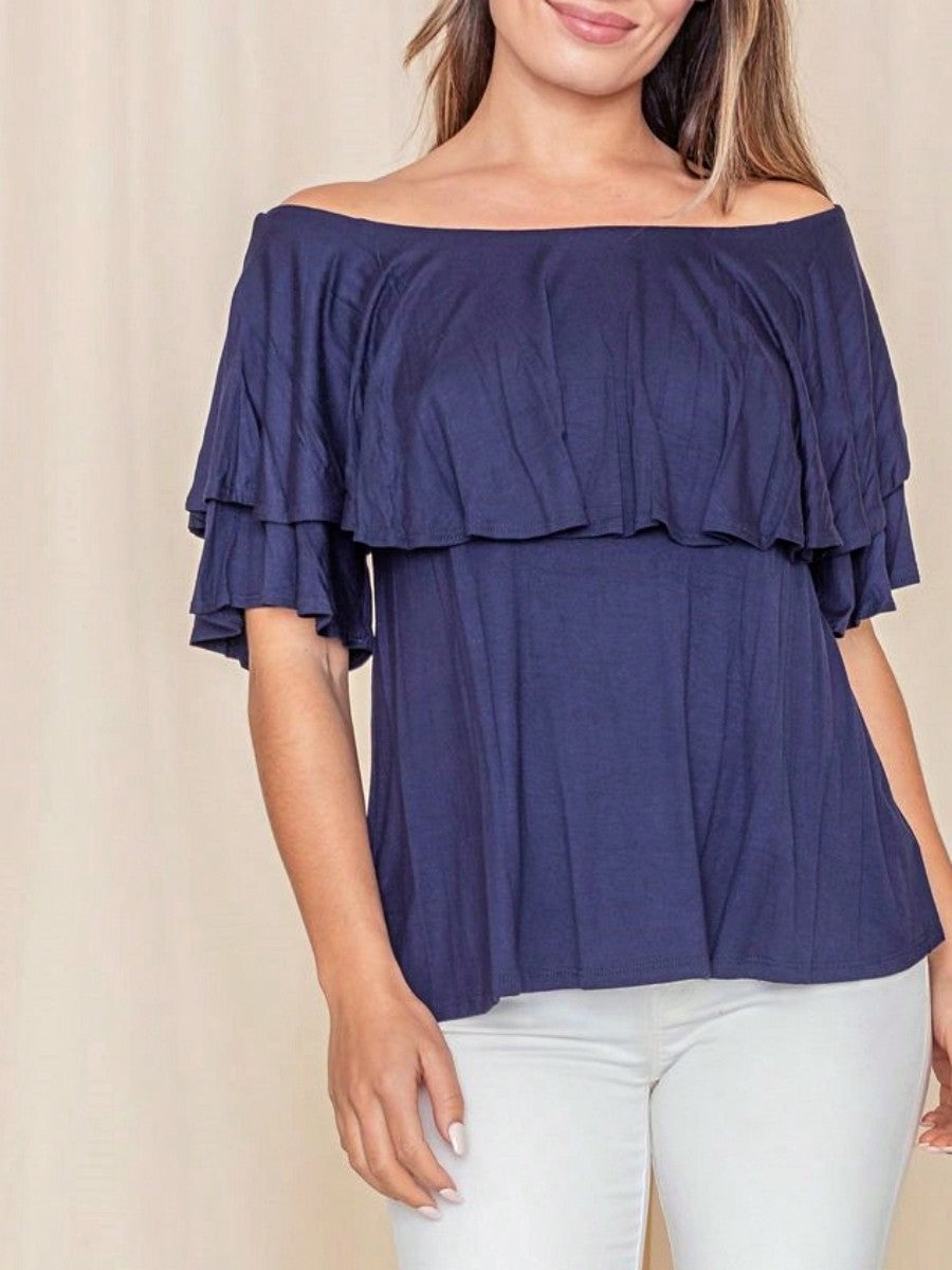Summer/Spring Solid Mint Navy Yellow Cute Baby Doll Top Blouse Cool Smooth Rayon Tunic Tunic  Off Shoulder Double Ruffle Flutter Sleeve