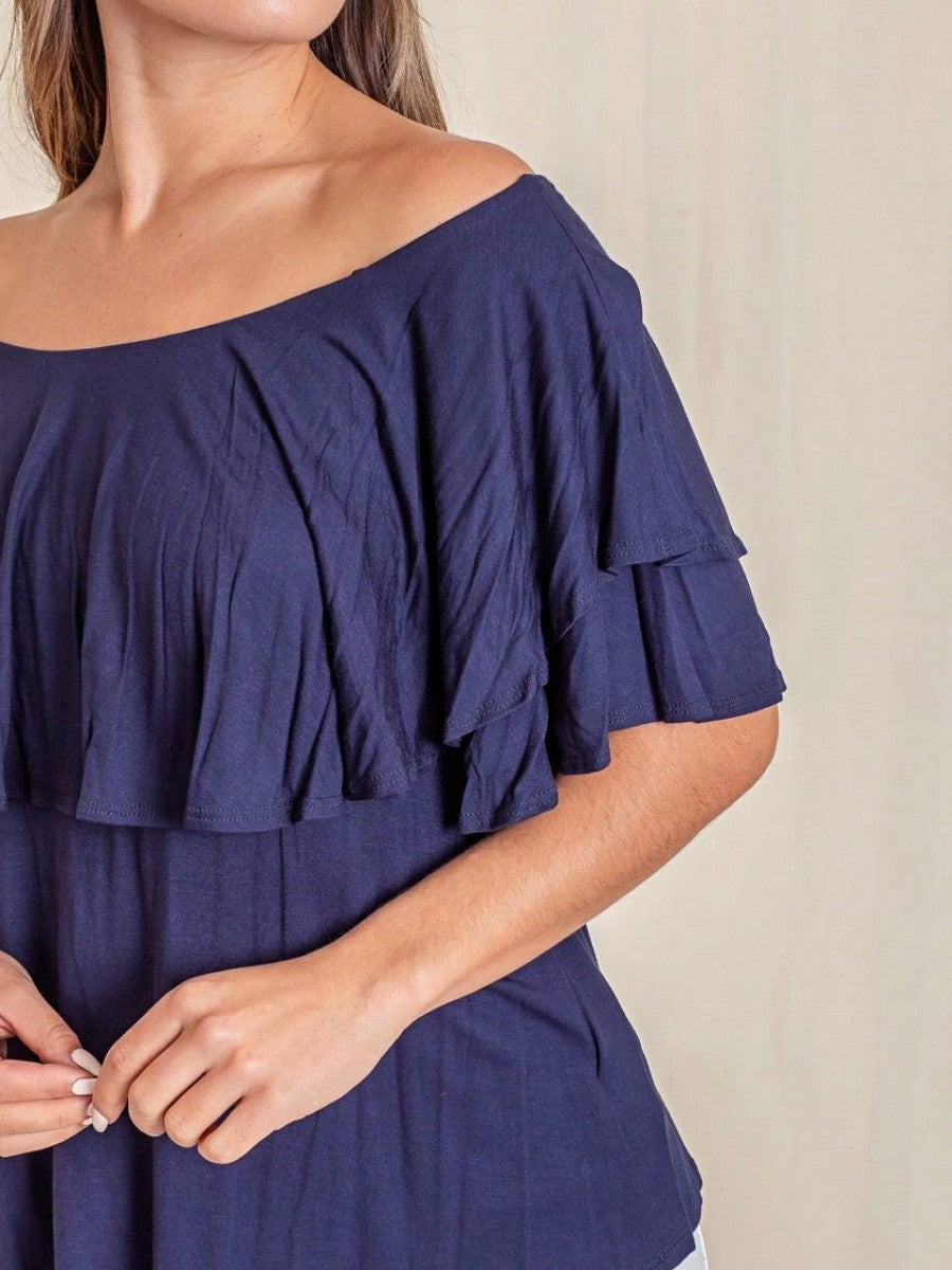 Summer/Spring Solid Mint Navy Yellow Cute Baby Doll Top Blouse Cool Smooth Rayon Tunic Tunic  Off Shoulder Double Ruffle Flutter Sleeve