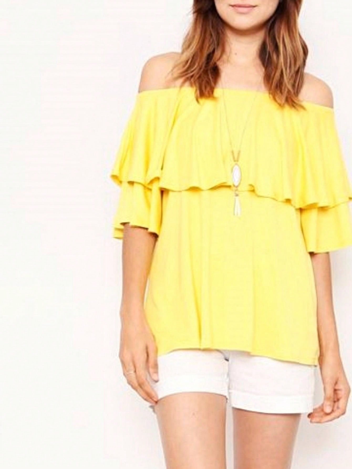 Summer/Spring Solid Mint Navy Yellow Cute Baby Doll Top Blouse Cool Smooth Rayon Tunic Tunic  Off Shoulder Double Ruffle Flutter Sleeve