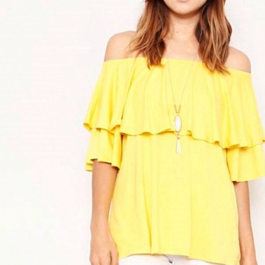 Summer/Spring Solid Mint Navy Yellow Cute Baby Doll Top Blouse Cool Smooth Rayon Tunic Tunic  Off Shoulder Double Ruffle Flutter Sleeve