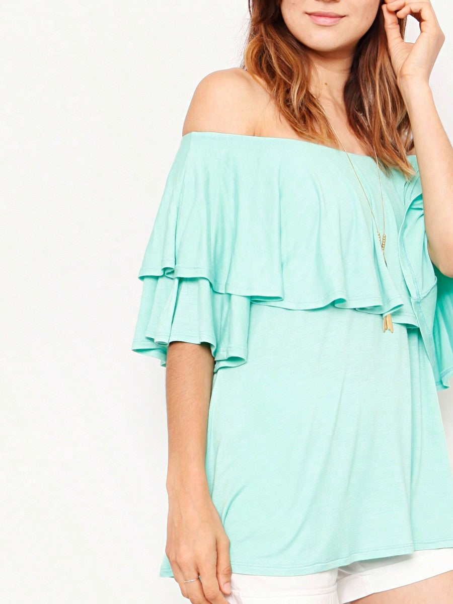 Summer/Spring Solid Mint Navy Yellow Cute Baby Doll Top Blouse Cool Smooth Rayon Tunic Tunic  Off Shoulder Double Ruffle Flutter Sleeve