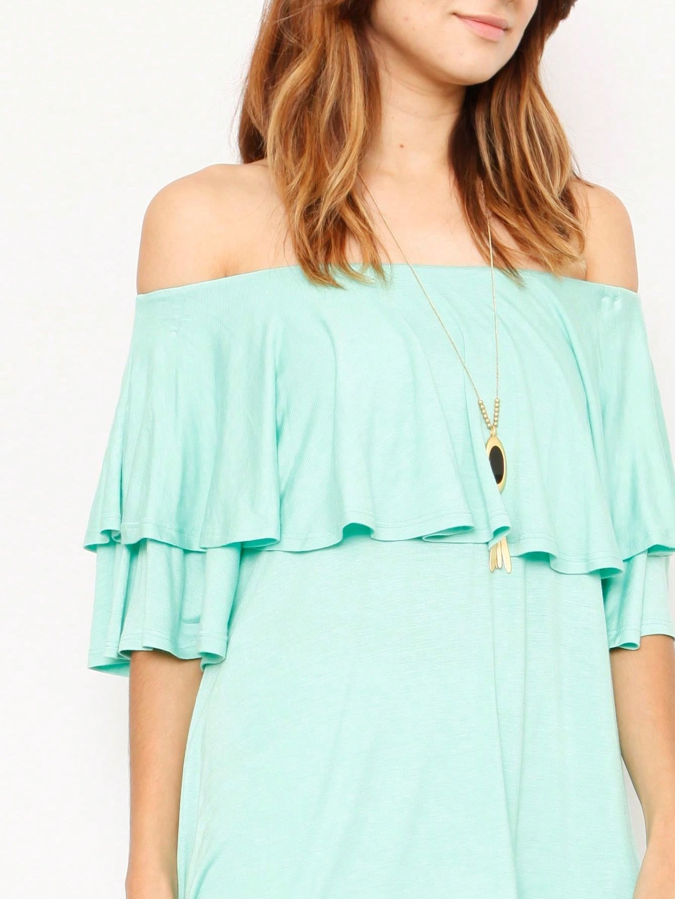 Summer/Spring Solid Mint Navy Yellow Cute Baby Doll Top Blouse Cool Smooth Rayon Tunic Tunic  Off Shoulder Double Ruffle Flutter Sleeve
