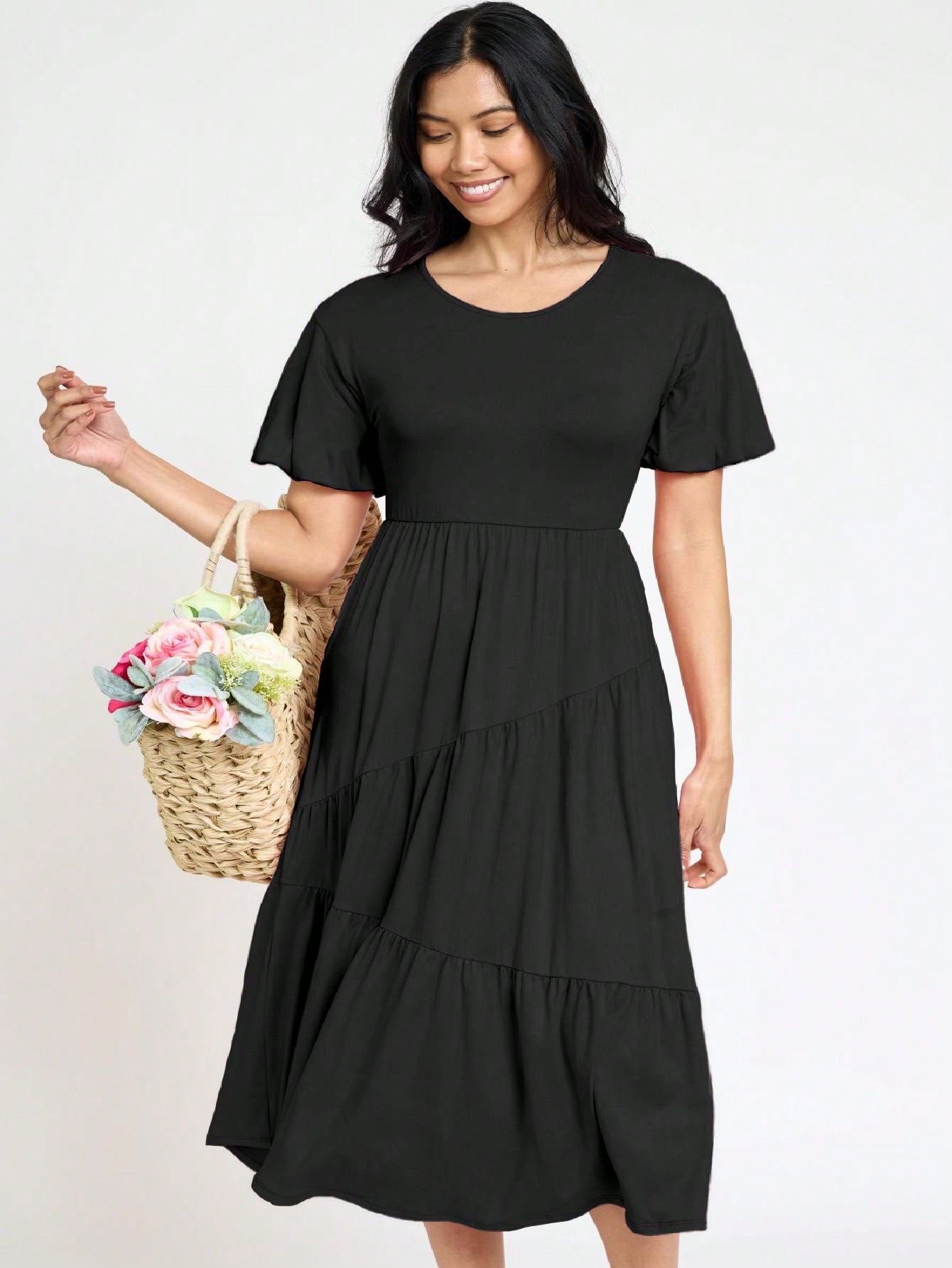 Boho Vacation Retro Solid Diagonal Tiered Midi Dress Balloon Bubble Sleeve  Bridesmaids Pink Red Sage Black Green Beige Olive